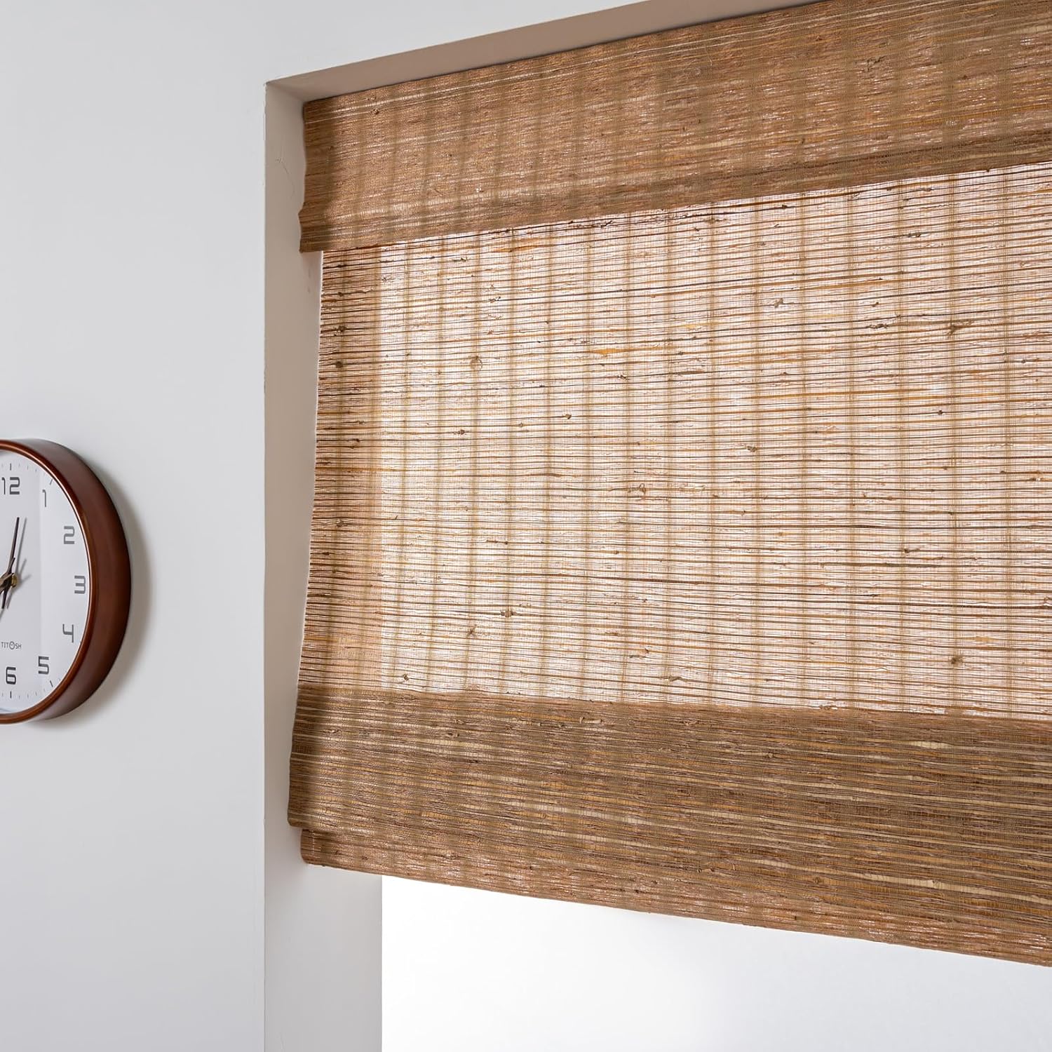 FACIMI Cordless Blackout Roman Bamboo Shades, Light Filtering Natural Woven Shades with 6 Inches High Valance, Custom Room Darkening Privacy Lined Bamboo Blinds for Windows, Doors, Line Brown