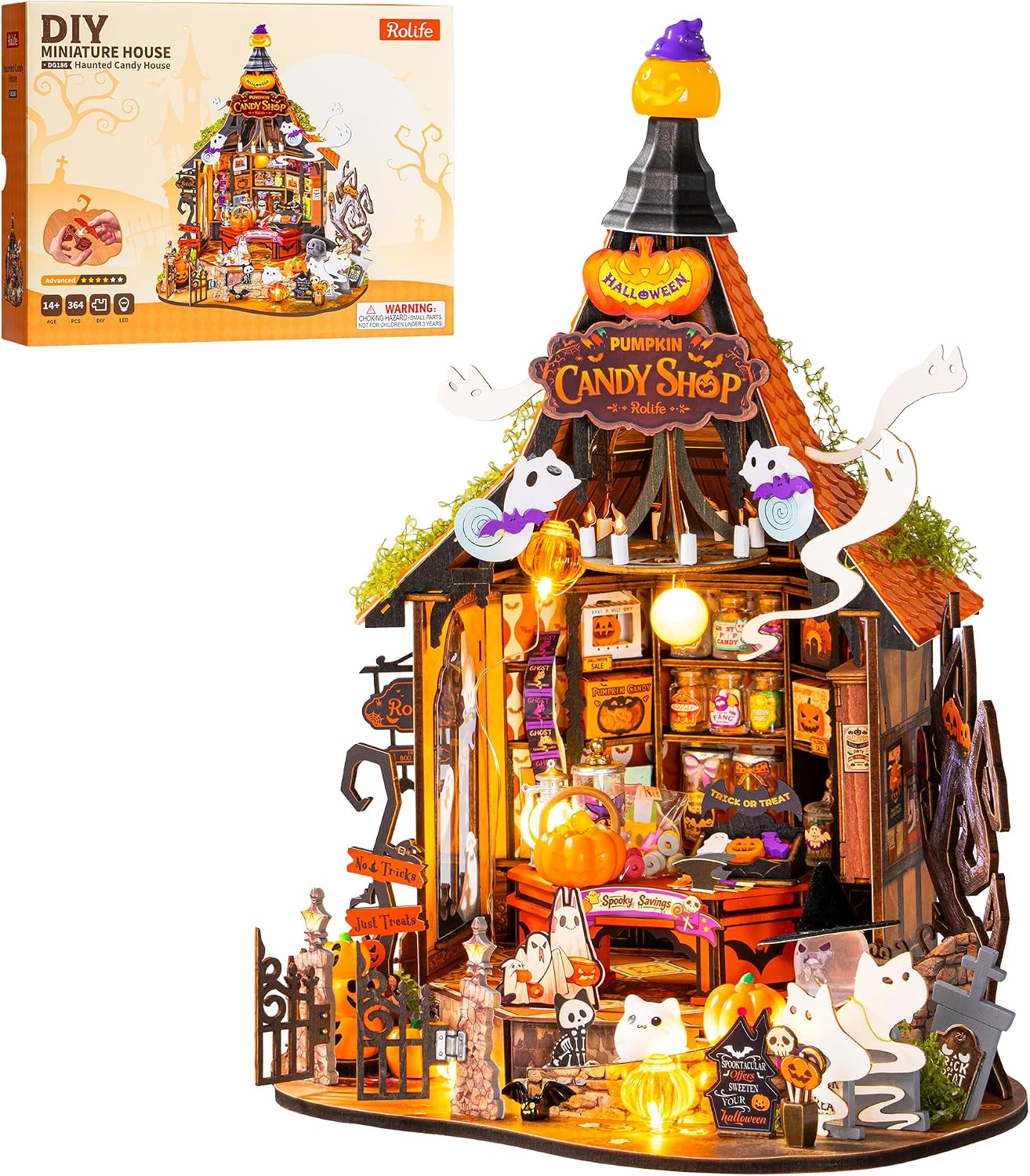 Rolife Haunted House DIY Miniature Dollhouse Kit for Adults | 1:18 Candy House with Light, Wooden 3D Puzzle Model Building Set, Tiny House Diorama Craft Kit