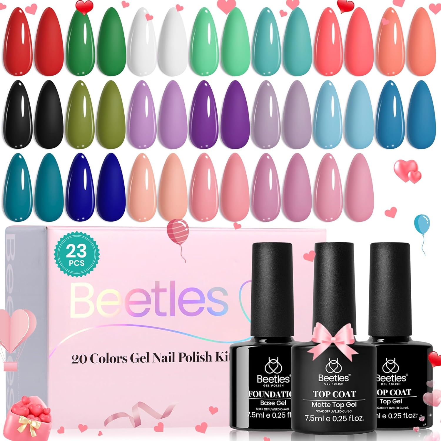 Beetles Gel Nail Polish Set, 23pcs Gel Polish Kit, 20 Colors Pink Green Blue Uv Gel Polish with Base Top Coat, All Season Manicure Tools for Beginners Nail Art Home Gift for Women