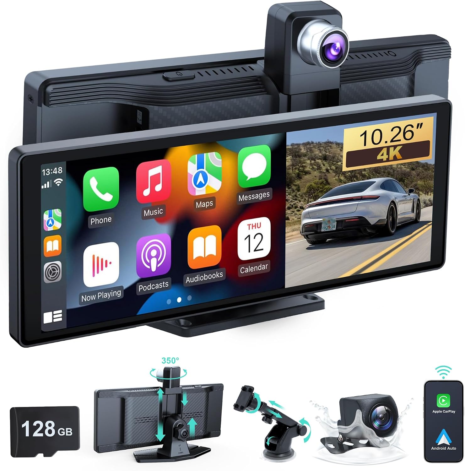 Wireless Car Stereo, 10.26 Inch Portable Car Audio,Carplay Screen with 4K Front + Rear 1080P Dual Camera Dash Cam,Wireless Car Play with Mirror Link/S-iri/AUX/128G TF