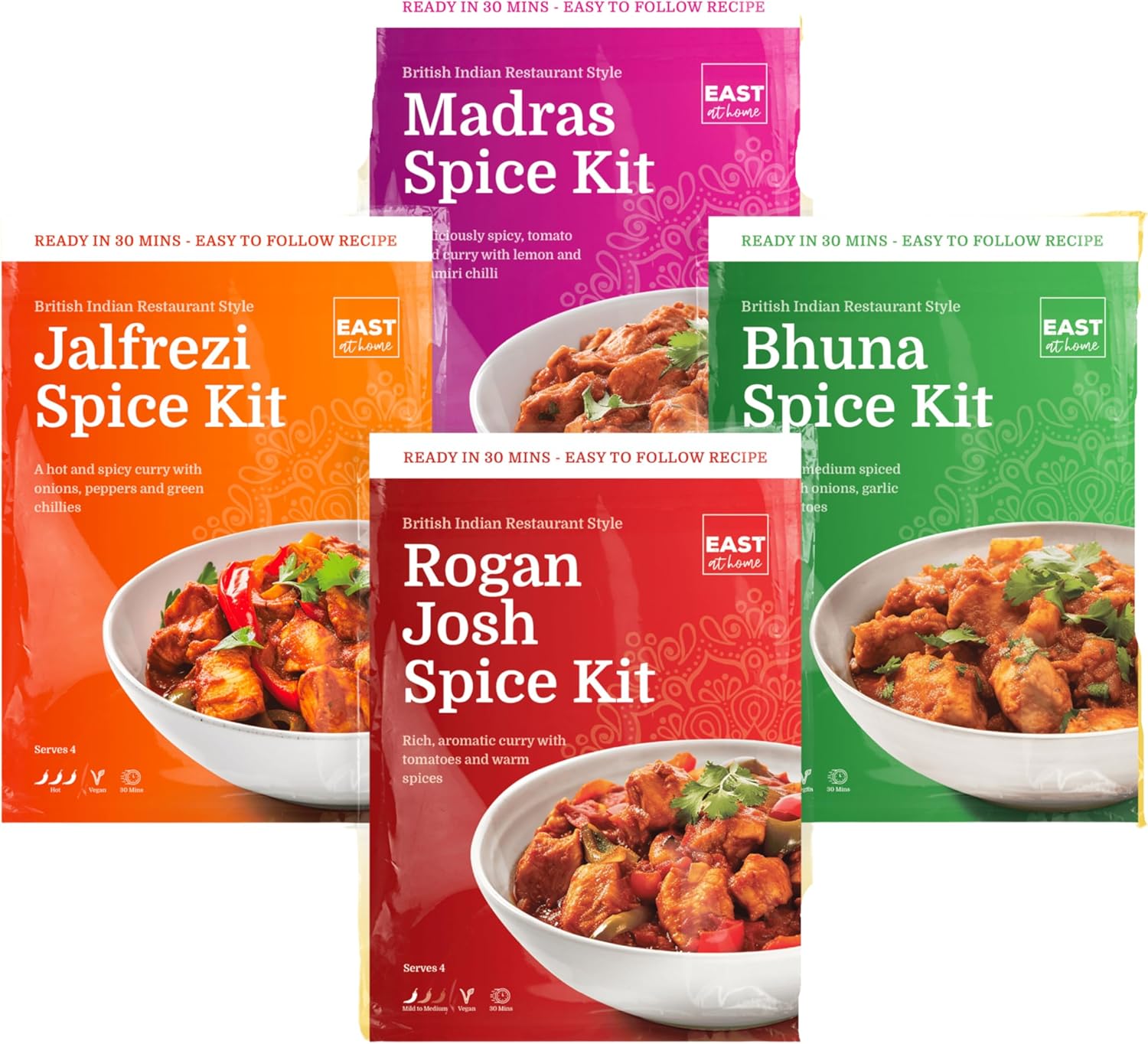 East At Home 4 Curry Spice Kit 4 Pack | Make Restaurant Quality Curry in 30 Minutes | Each Spice Kit Serves 4 | Makes 16 Portions | Vegan | Gluten-Free