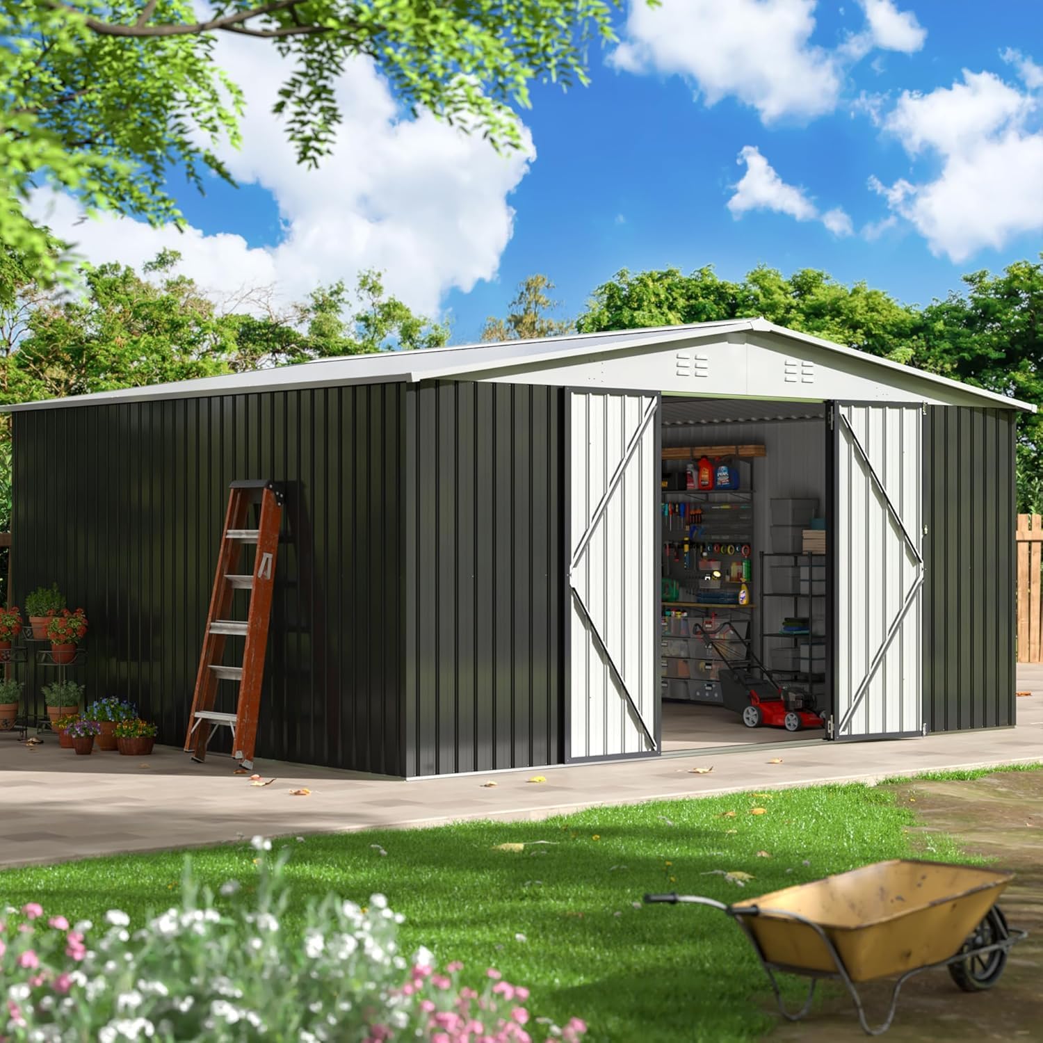 12x14 FT Outdoor Storage Shed, Garden Shed with Updated Frame Structure and Lockable Doors, Metal Tool Sheds for Backyard Garden Patio Lawn, White