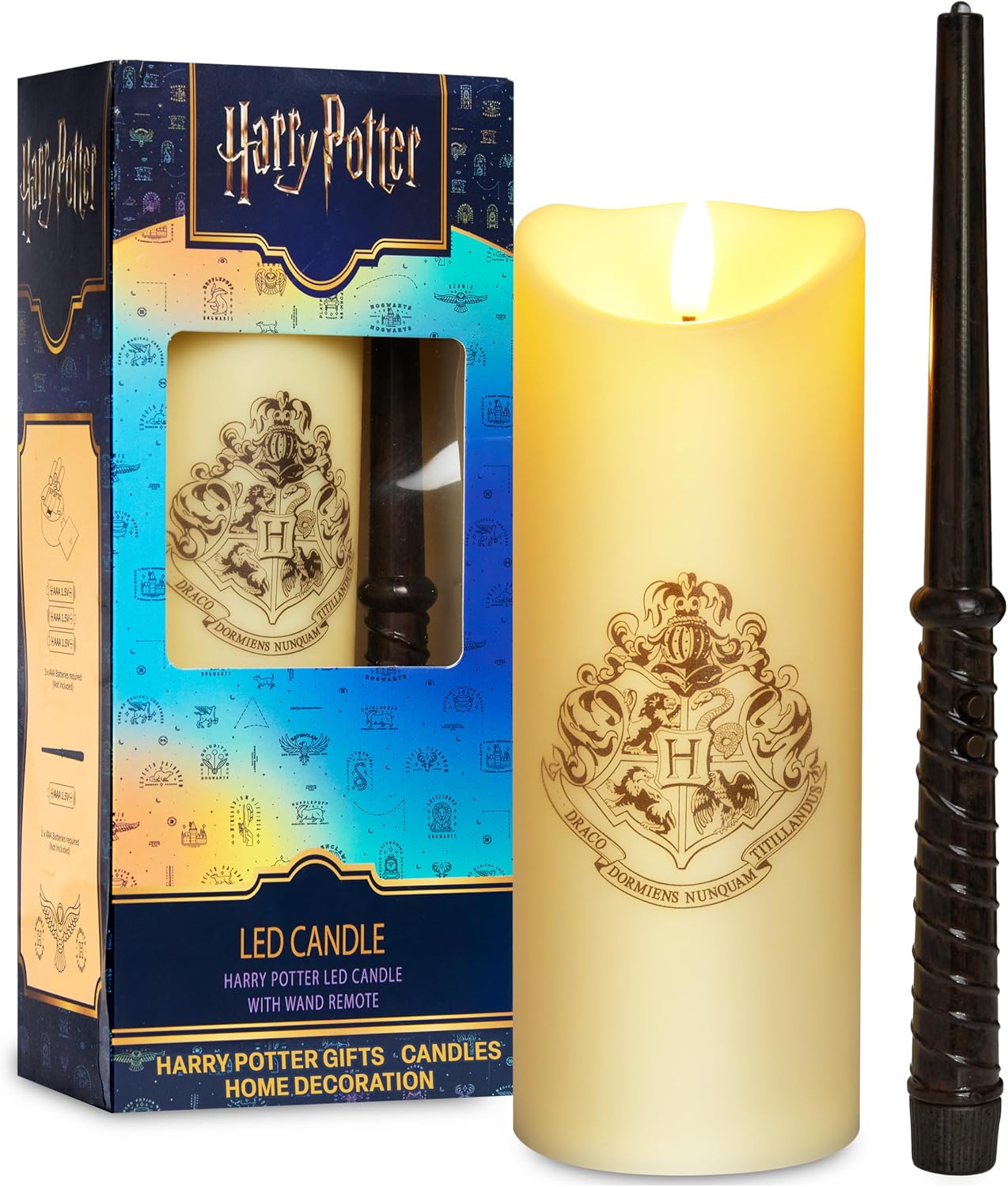 Harry Potter LED Candle with Wand Remote Control Hogwarts Crest Flameless Light for Kids 16ft Spell-Cast Range Room Decor Display Nightlight Gifts