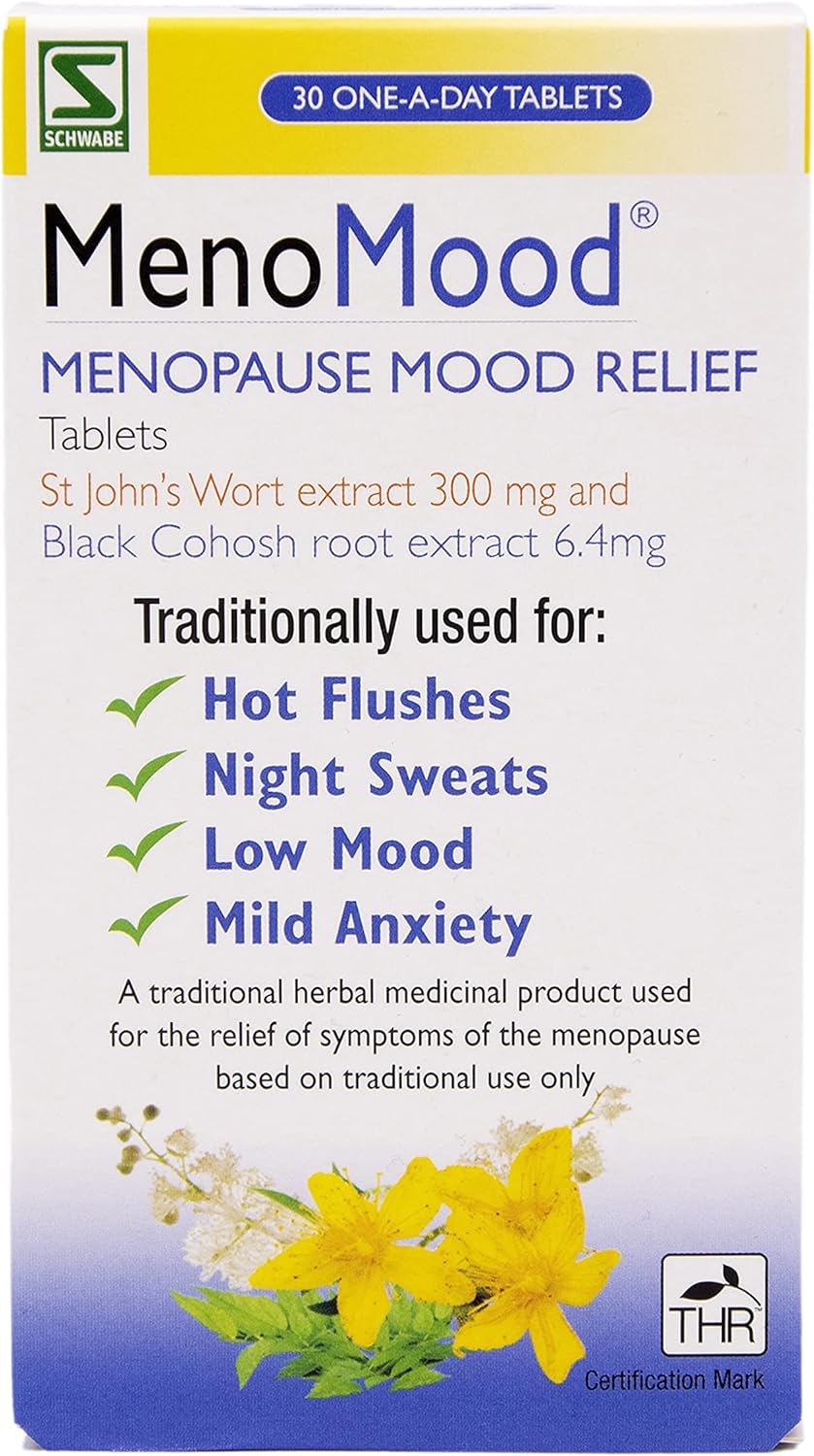 Schwabe Pharma - MenoMood - Menopause Mood Relief - St. John's Wort and Black Cohosh Extract - Traditionally Used for Hot Flushes, Night Sweats, Low Mood, Mild Anxiety - 30 Tablets