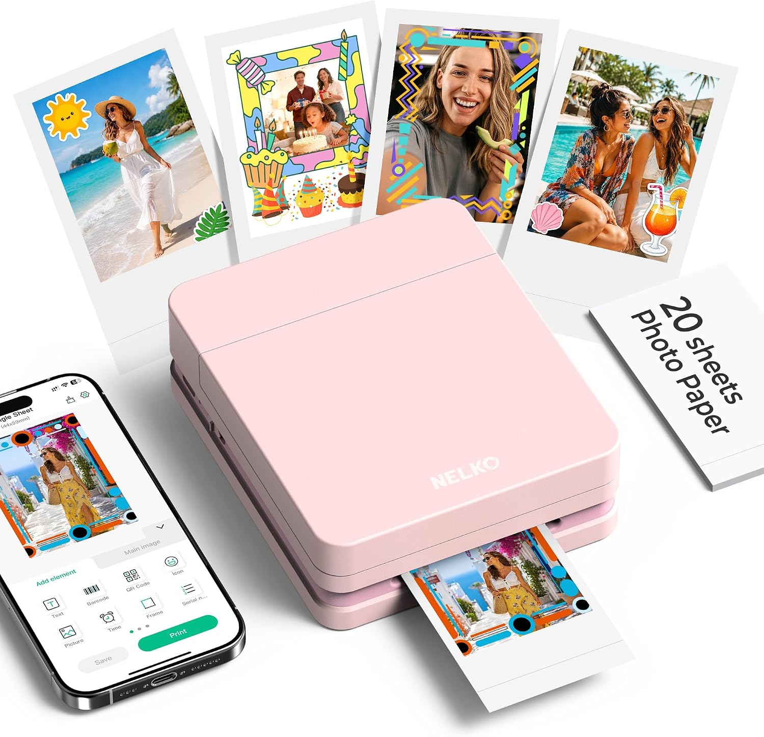 Nelko PP01 Photo Printer, 2x3 Portable Photo Printer, Mini Printer, Pink | Instant Color Inkjet Printer for Smartphone, Sticky-Back Photos, Bluetooth Compatible with iOS & Android, AI App Editing
