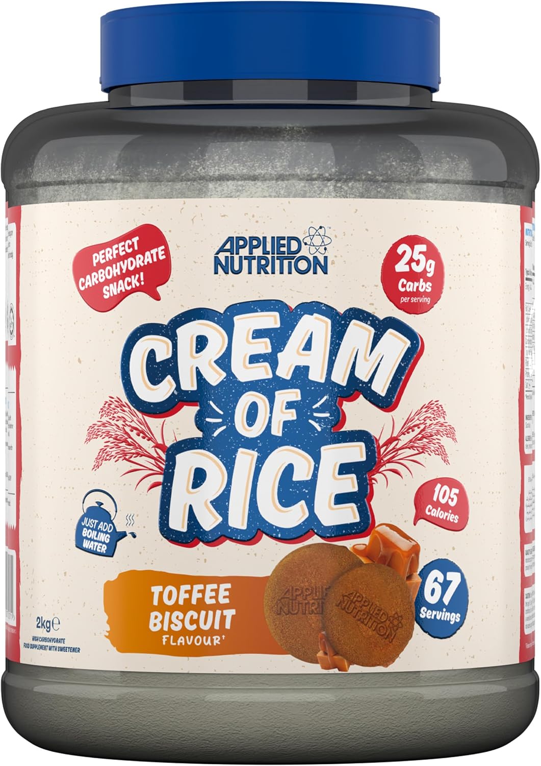 Applied Nutrition Cream of Rice - High Carbohydrate Cream of Rice Supplement, Source of Energy for Breakfast & Snacks, Easy to Digest, Low Sugar, Low Fat, Vegan, 2kg (Toffee Biscuit)