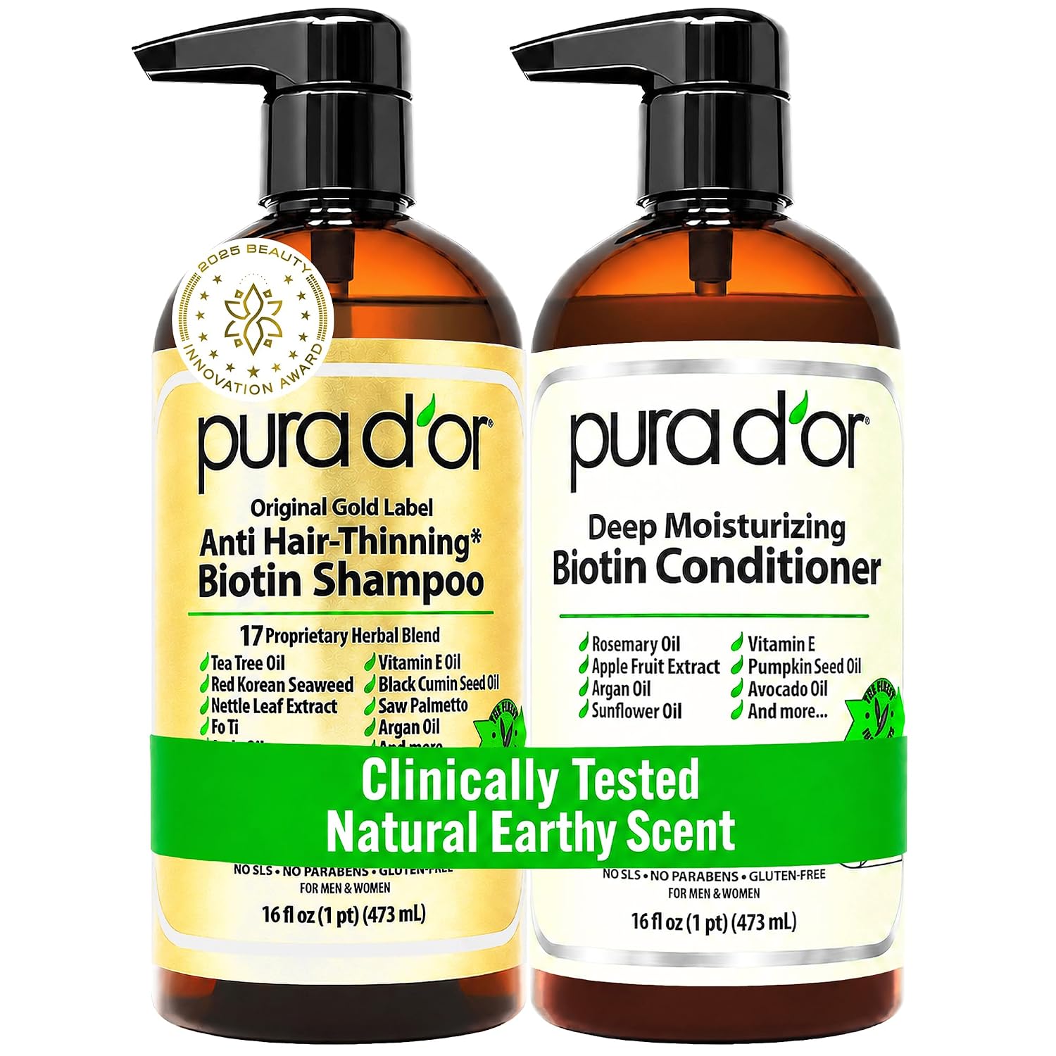 PURA D'OR Gold Label Anti-Thinning Biotin Shampoo & Conditioner, 16oz x2