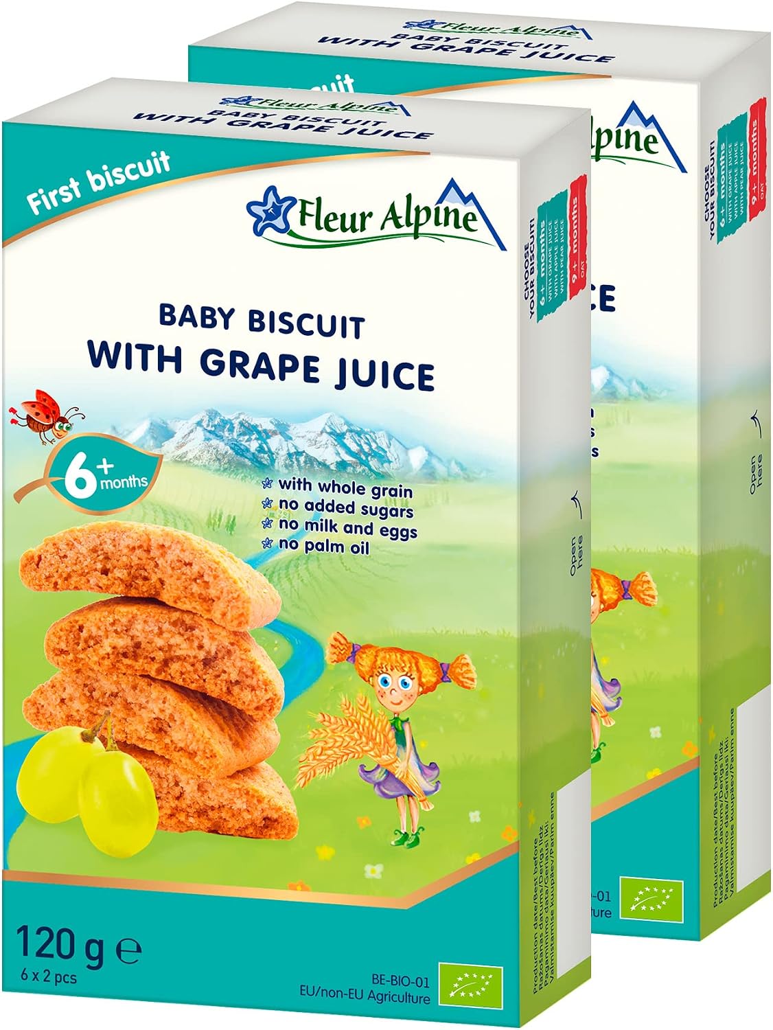 Fleur Alpine Baby Biscuits with Grape Juice - 12x2 Yummy Organic Baby Snacks for Delicious Smooth Breakfast Porridge Or Daytime Snack | Easy Whole Grain Snack Biscuits with No Added Sugar | 6 Mths