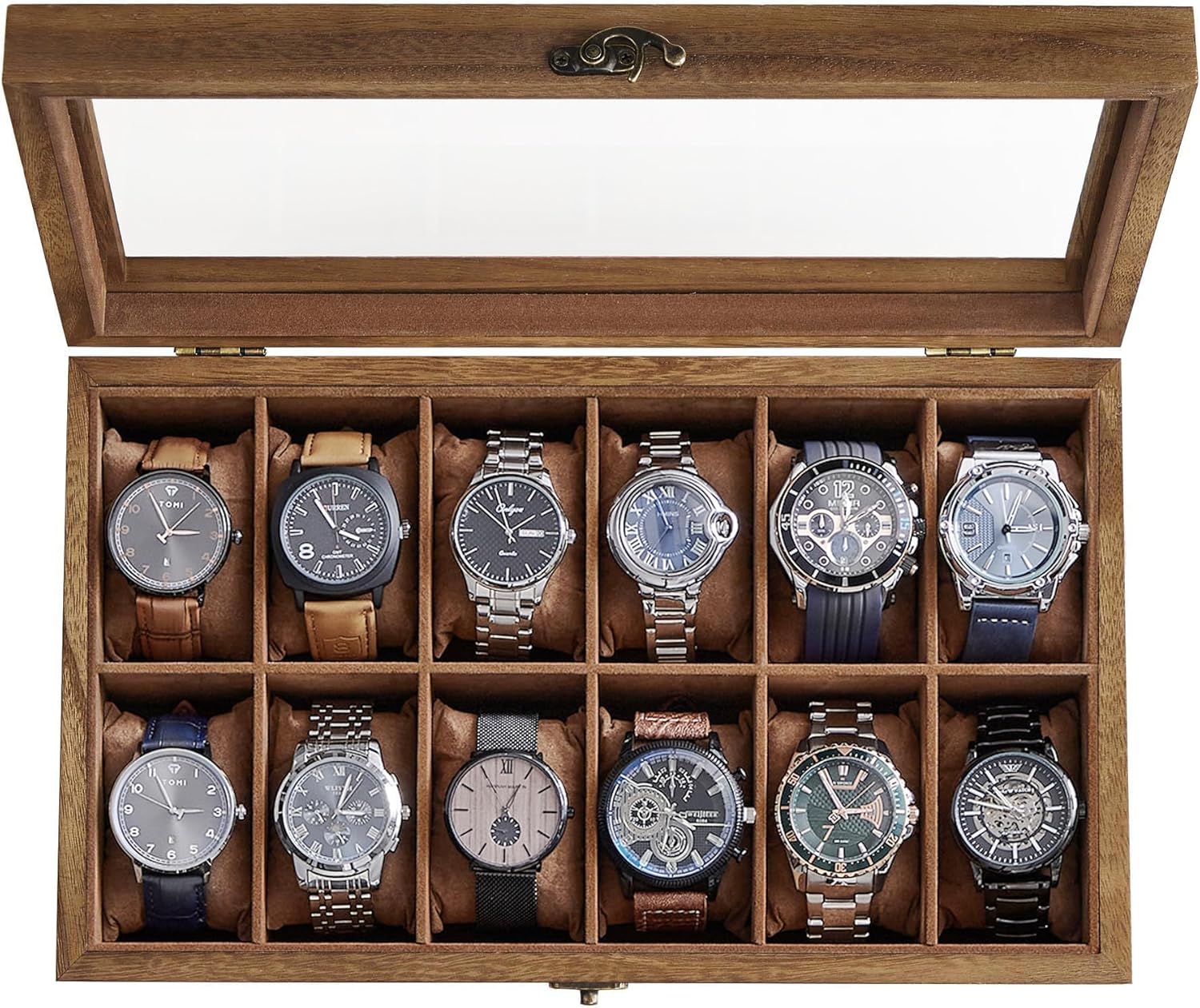 SONGMICS Watch Box, 12-Slot Solid Wood Watch Case Organizer with Glass Lid, Display Case with Removable Pillows, Gift for Loved Ones, Rustic Walnut UJOW120K01