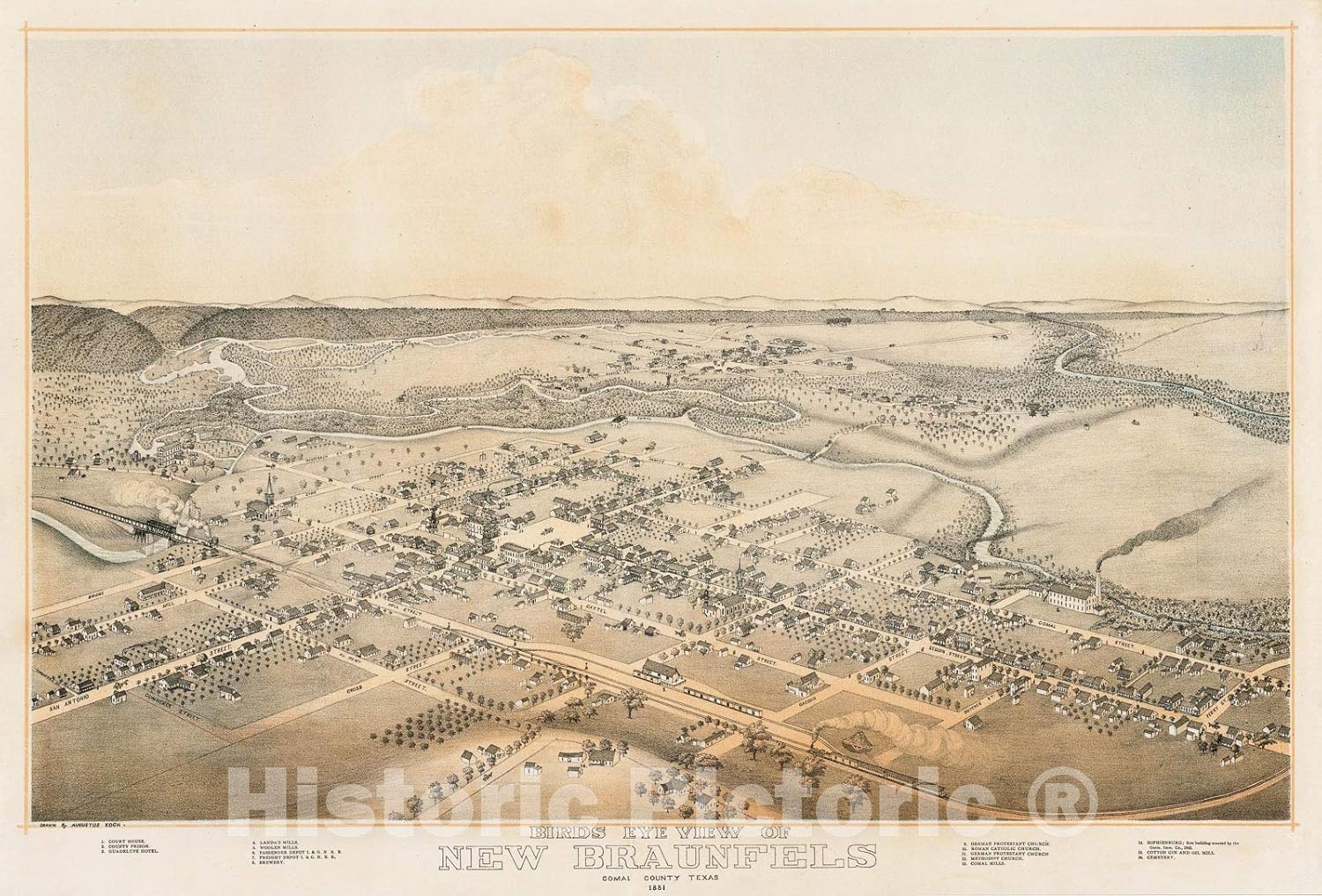Historic Map - Bird’s Eye View of New Braunfels Comal County Texas, 1881, Augustus Koch - Vintage Wall Art 65in x 44in