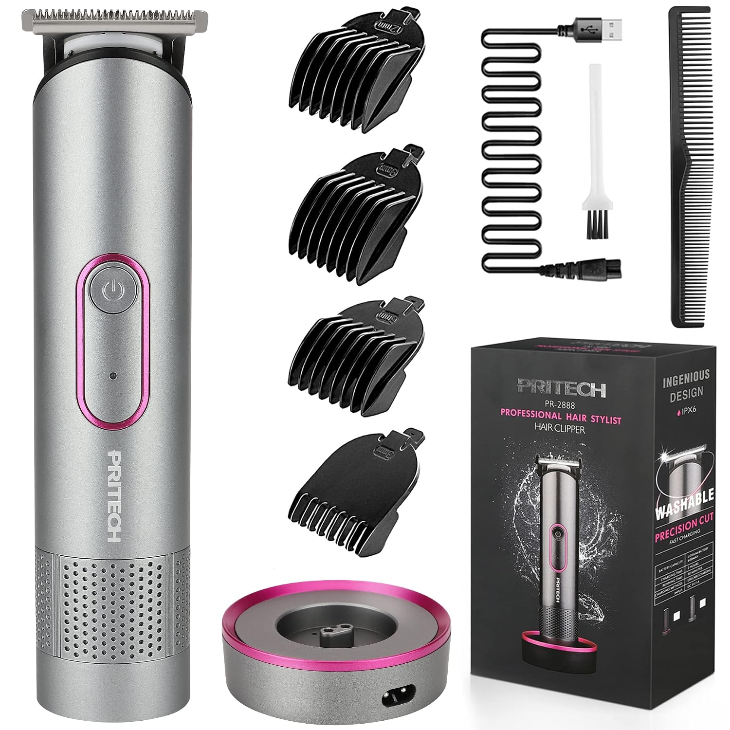 PRITECH Hair Trimmer for Women, Waterproof Bikini Trimmer for Women for Wet & Dry Use, Rechargeable Pubic Hair Trimmer Women, Women Electric Razor&Shaver with Standing Recharge Dock, Aurora Gray