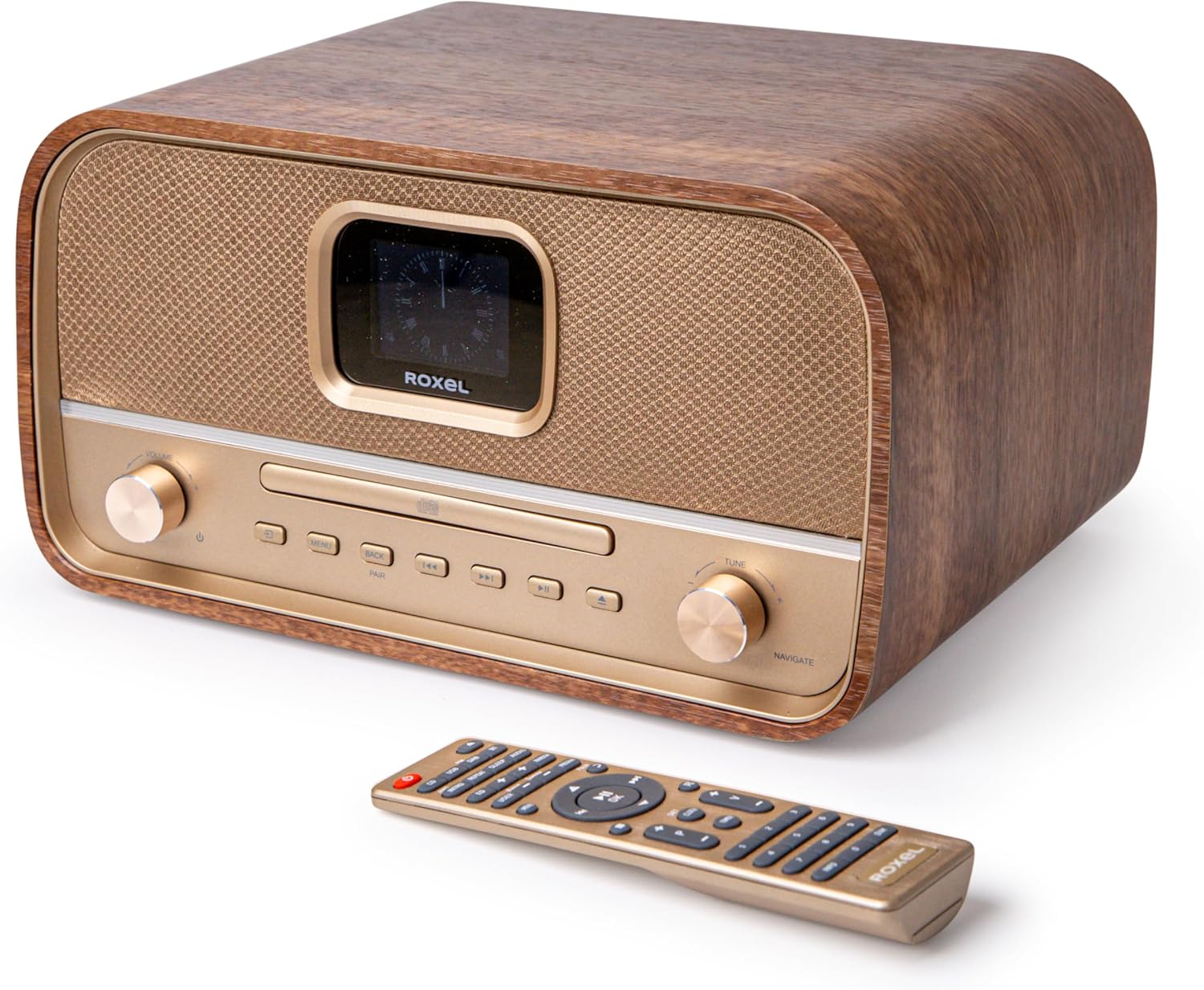 Roxel Amber All-in-One Compact Retro HiFi System with CD Player, DAB/DAB+, BT Audio Streaming, 40W RMS, USB Playback & Charging, FM Radio with RDS, Color Display, Clock & Alarm, Remote Controller