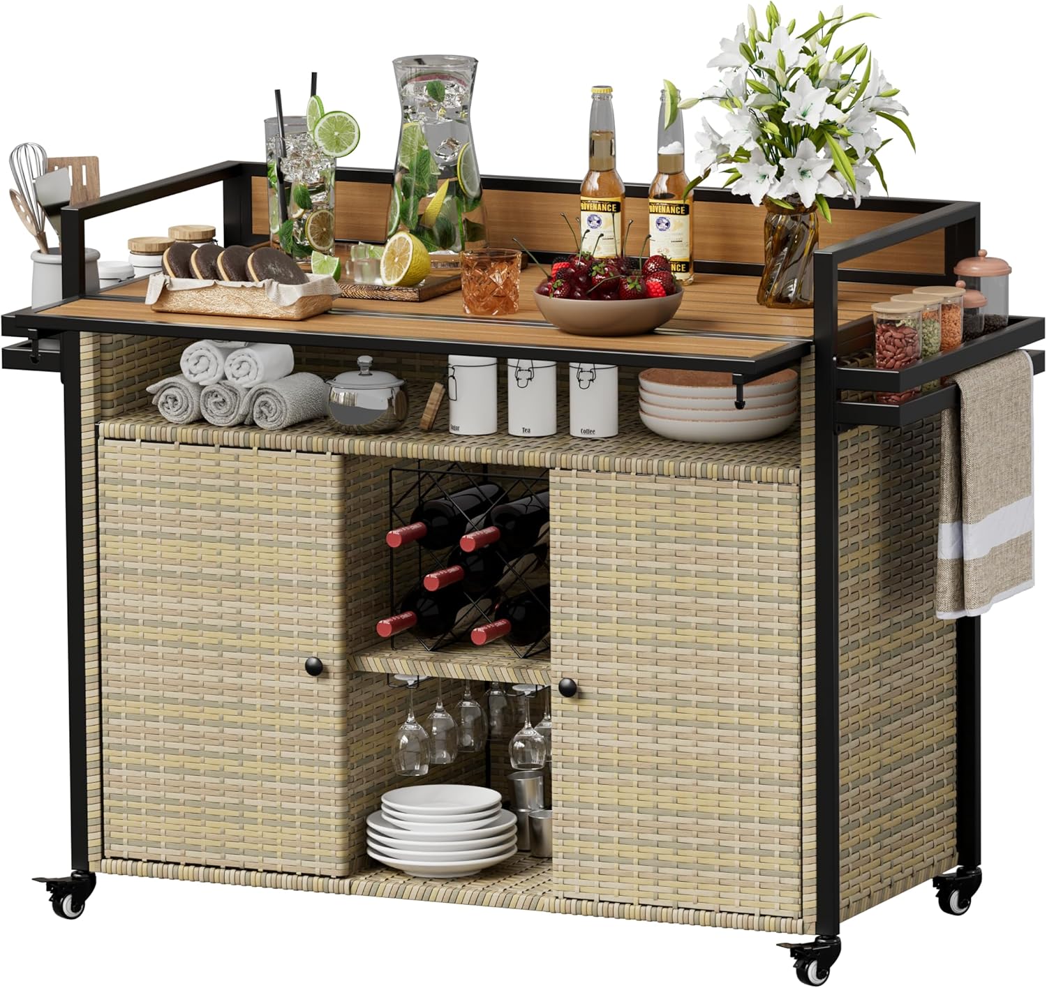 XL Outdoor Kitchen Wicker Rolling Bar Cart with Storage Cabinet & Extended Plastic Wood Table Top, Kitchen Island on Wheels for Patio Backyard Garden Poolside, Double Handle Design, Brown