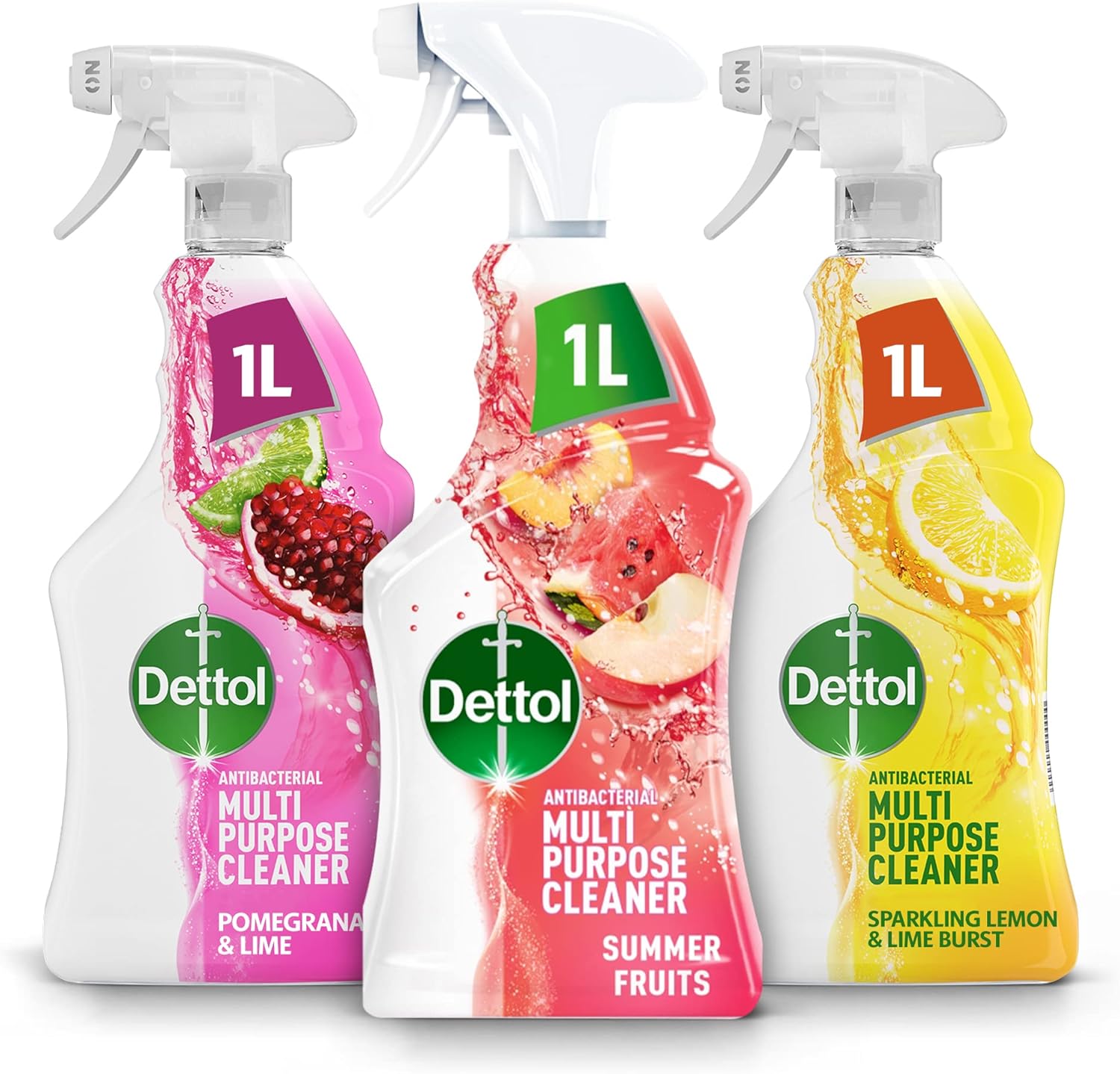 Dettol Antibacterial Multipurpose Cleaner Multipack, Pomegranate & Lime, Summer Fruits, Sparkling Lemon Burst, 1L Each, Pack Of 3, Ideal For Home Hygiene And First Aid Kit Essentials