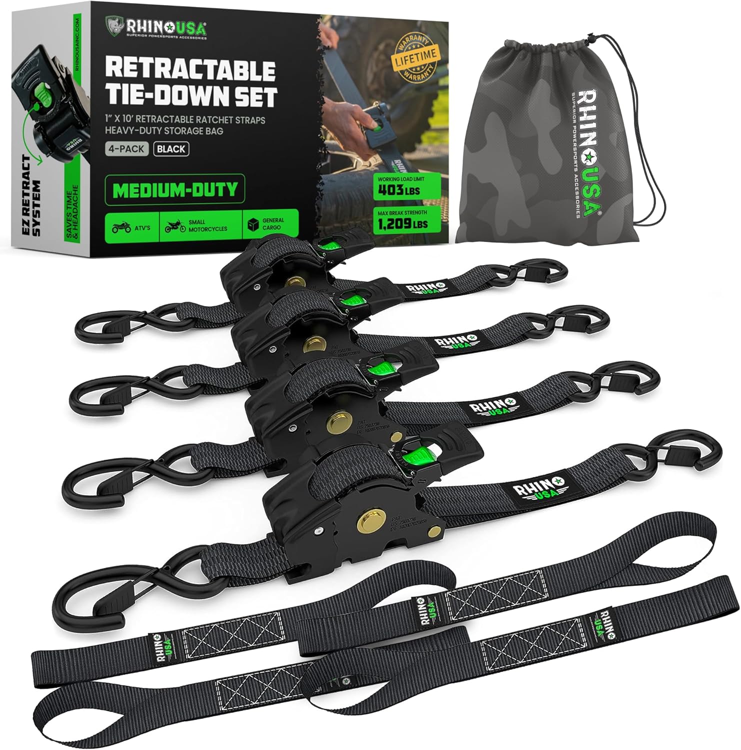 Rhino USA Retractable Ratchet Straps (4-Pack) - 1 Inch x 10 Feet (1,209lb Break Strength) - Heavy Duty Auto Self Retracting Tie Down Straps for Truck, Cargo Trailer, Motorcycle, Rad & More - Black