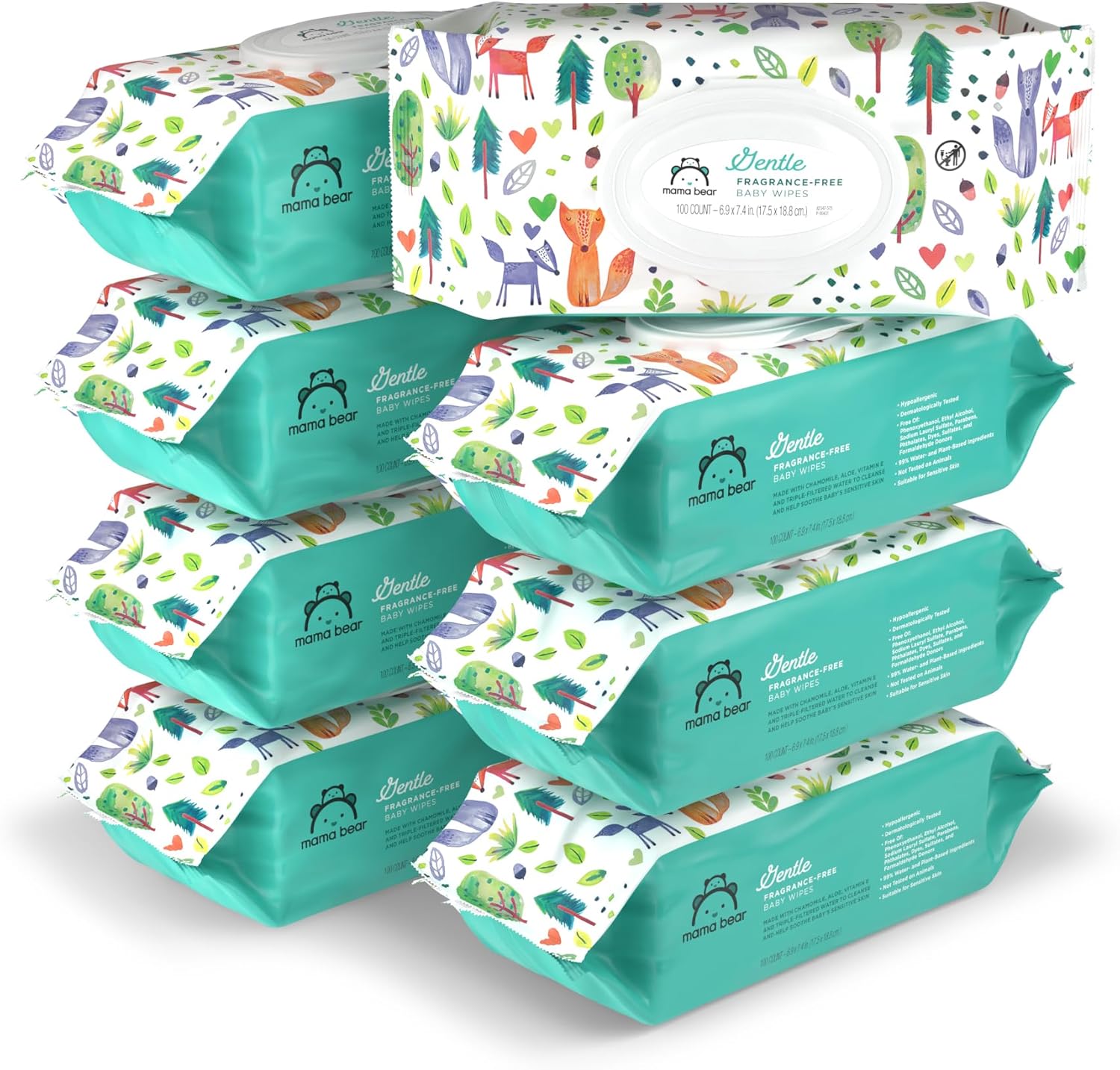 Amazon Brand - Mama Bear Gentle Fragrance Free Baby Wipes, Hypoallergenic, Sensitive Skin, Unscented, 800 Count (8 Packs of 100)
