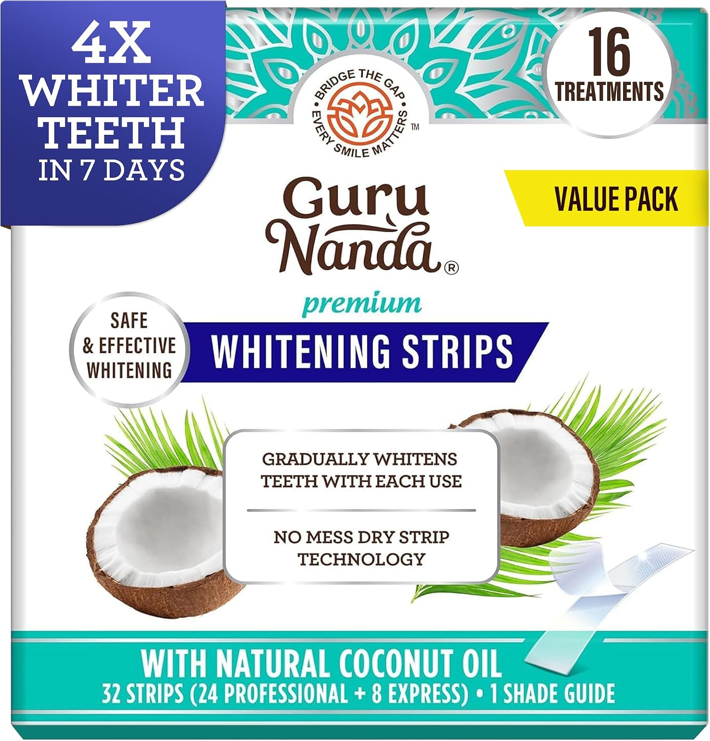 GuruNanda Teeth Whitening Strips - 4X Whiter Teeth, 16-Day Whitening Kit