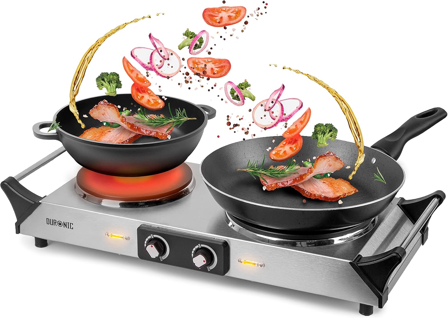 Duronic Hot Plate HP2 SS, Stainless Steel Table Top Cooking, 2500W Black Steel Electric Double Hob with Handles, 2 Cast Iron Portable Hob Burner Rings (1500W & 1000W) for Home Kitchen, Pots, Camping