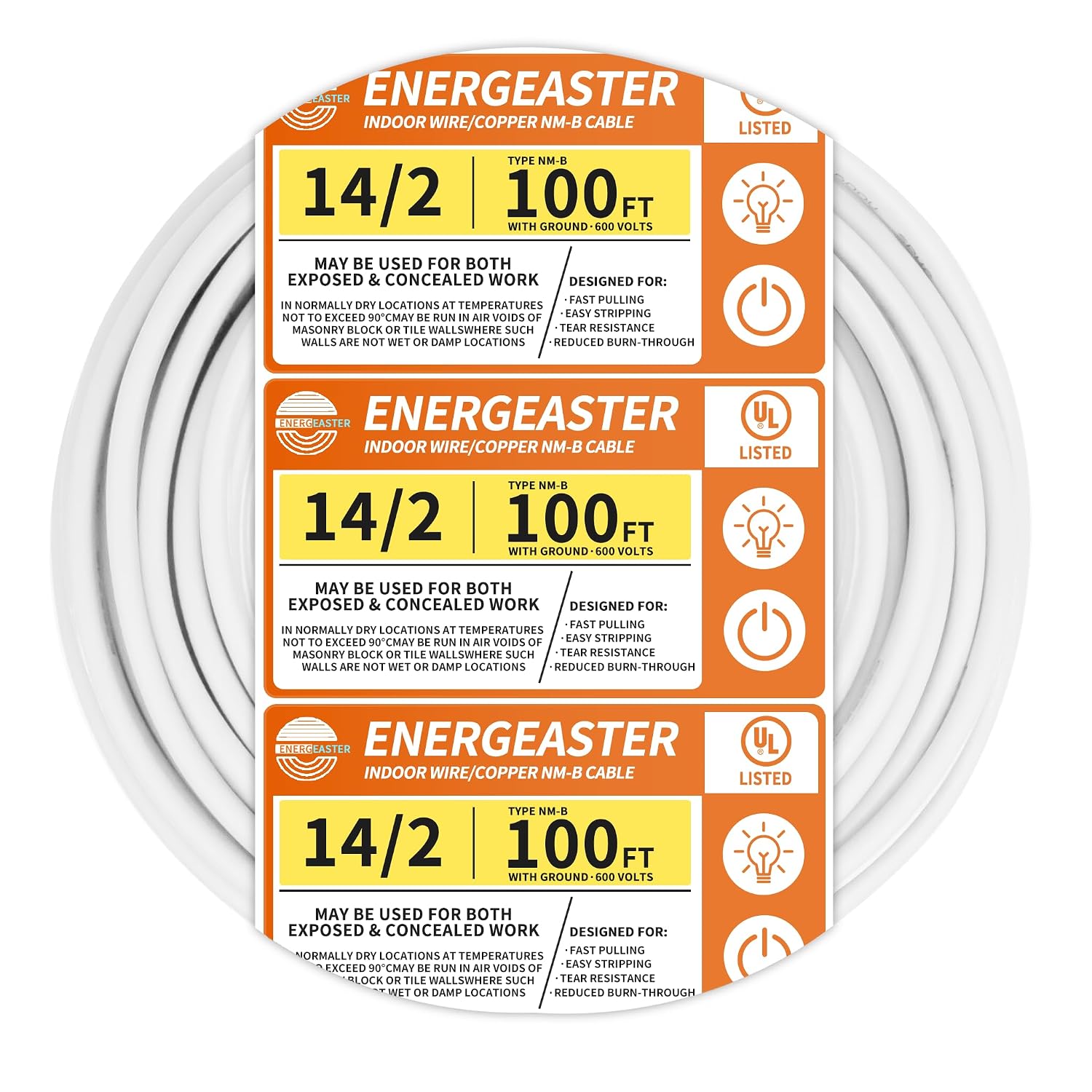 Energeaster Solid Indoor 14/2 W/G NMB Cable 100ft, Electrical Wire, White