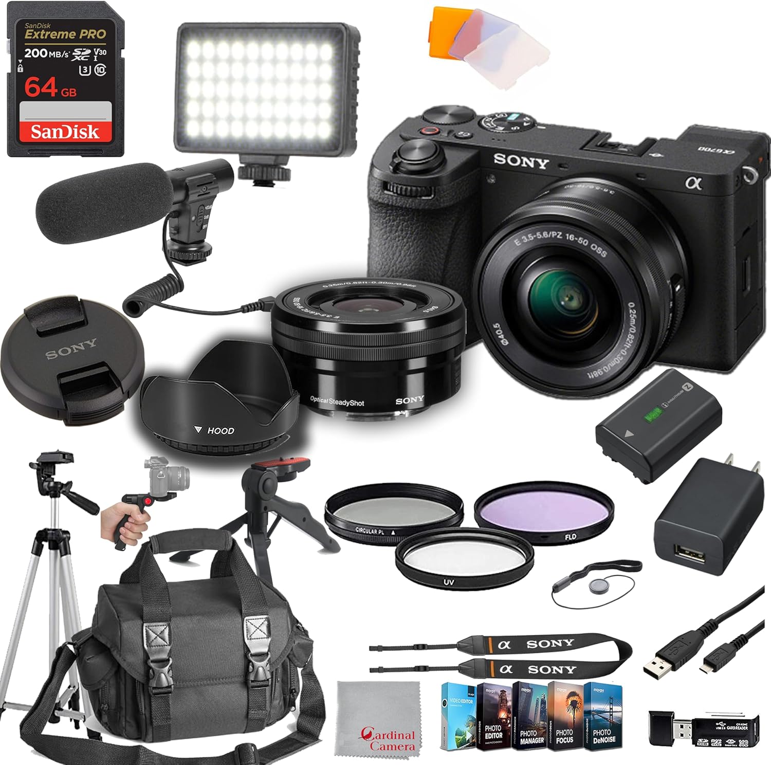 Sony a6700 Mirrorless Camera with 16-50mm Lens 64GB Extreme Speed Memory,Videl Microphone, LED Video Light, Case. Tripod, Filters, Hood, Grip, & Professional Video & Photo Editing Software Kit