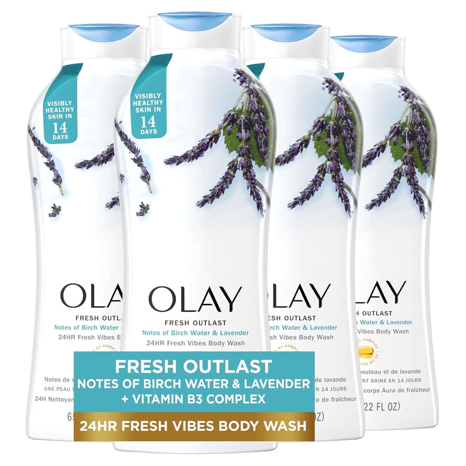 Olay Fresh Outlast Hydrating Birch Water & Lavender Scent Body Wash for Women, 22 fl oz (Pack of 4)