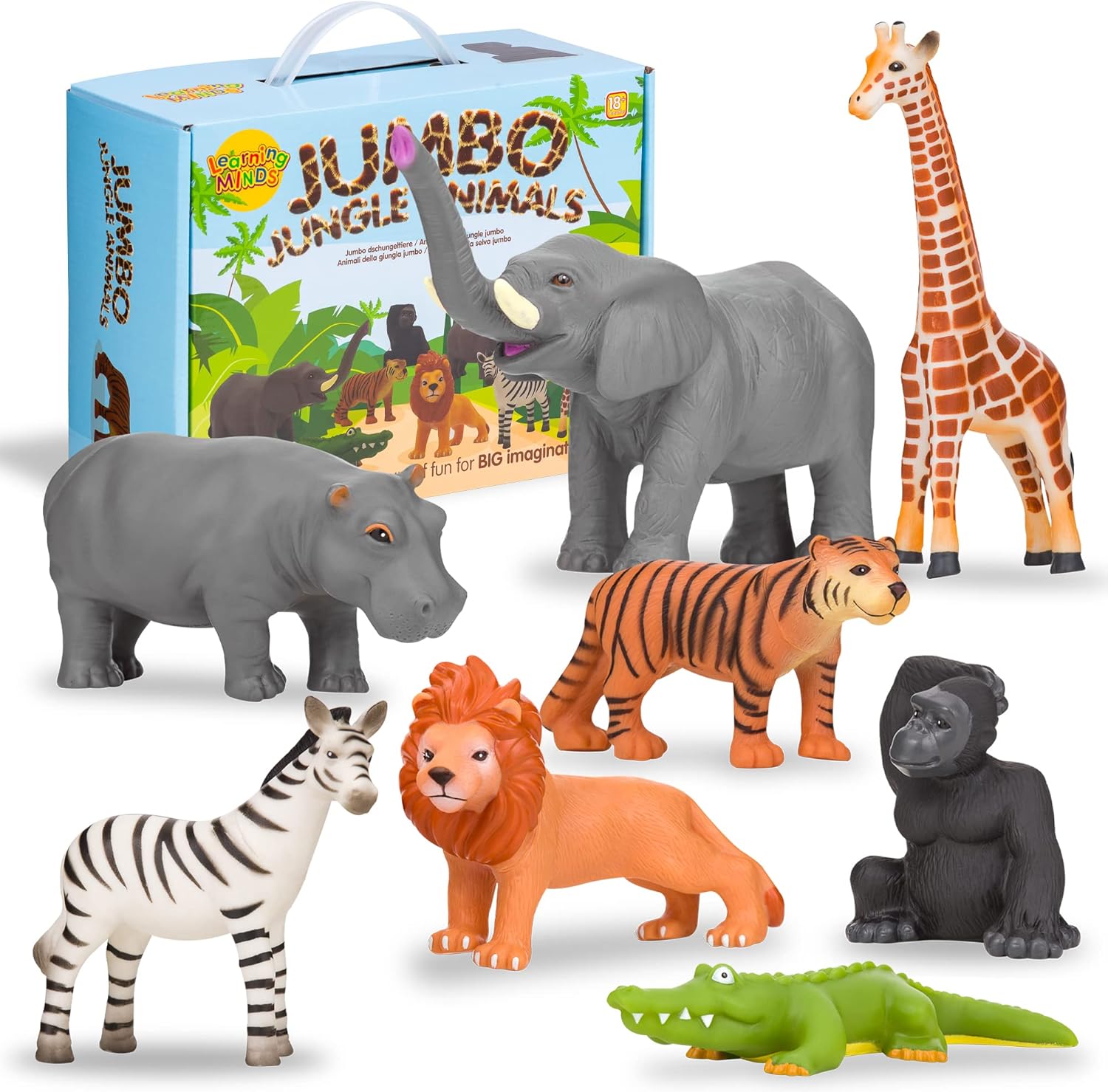 Learning Minds Jungle Animal Figures - Set of 8 Jumbo Zoo Animals For 1, 2, 3 Year Olds - Toy Safari Animals For Kids Age 18 Months Plus - Toys For 1 Year Old Boys - Suitable From 18 Months