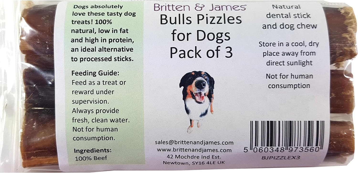 Britten & James 3 Thick Bulls Pizzles for Dogs (12cm length) - Bully Stick Natural Dental Stick and Dog Chew. Hypoallergenic Grain Free and Long Lasting Dog Treat