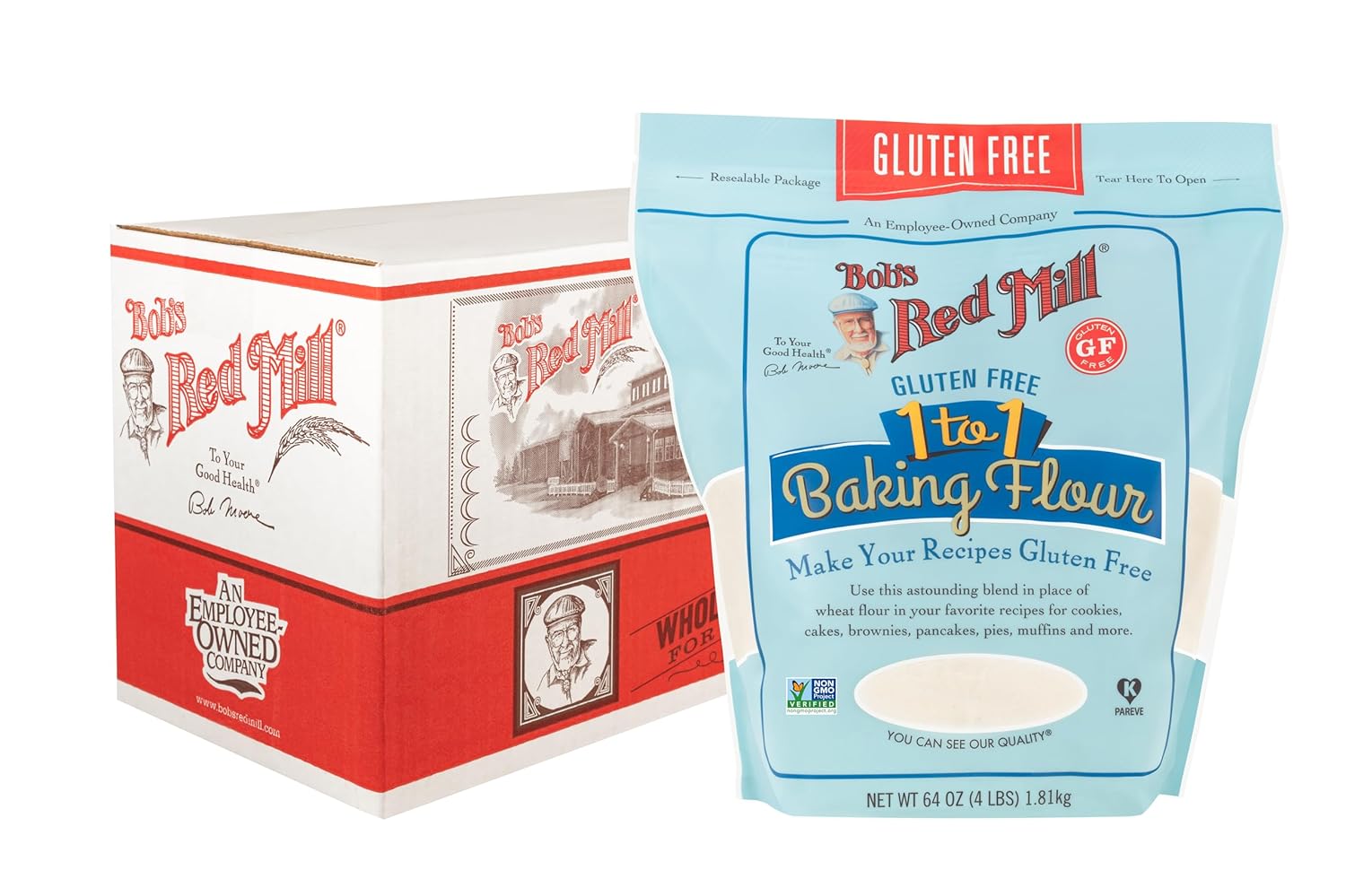 Bob's Red Mill Gluten Free 1 to 1 Baking Flour, 64oz (Pack of 4) - Non GMO, Vegan, Kosher