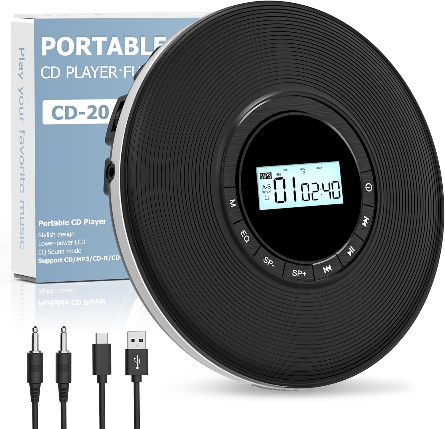 Walkman CD Player,Portable CD Player for Car,Personal Disman CD Player with Headphones Jack,LCD Display,Anti-Skip,Aux-Out Cable/TF Slot,2*AA Batteries or Type-C Supply for Home,Travel and Car