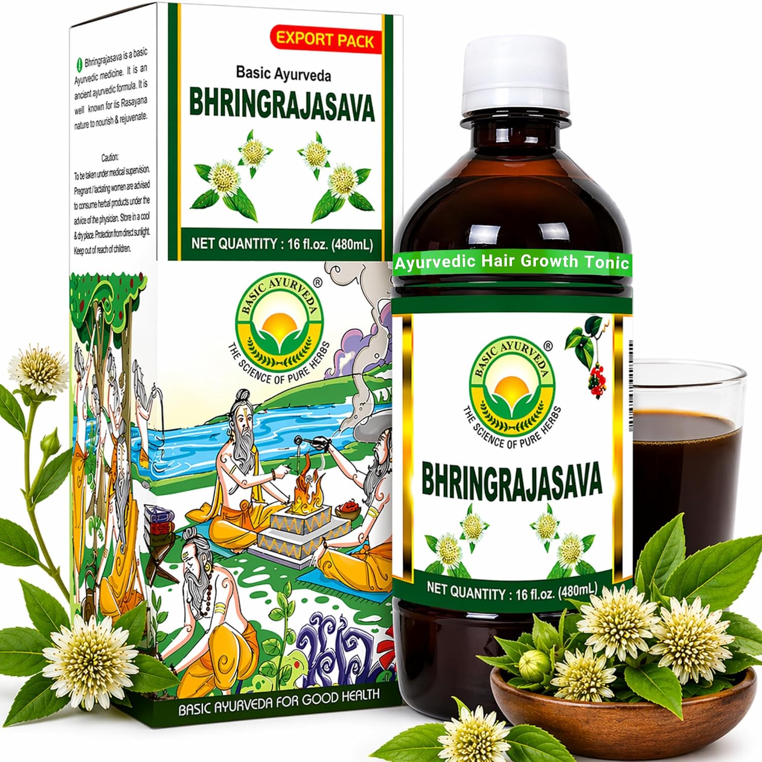 BASIC AYURVEDA Bhringrajasava Drink | 16.23 Fl Oz (480ml) | Natural Bhringraj Ayurvedic Hair Tonic | Supports Hair Growth, Scalp Health & Immune System | No Added Sugar
