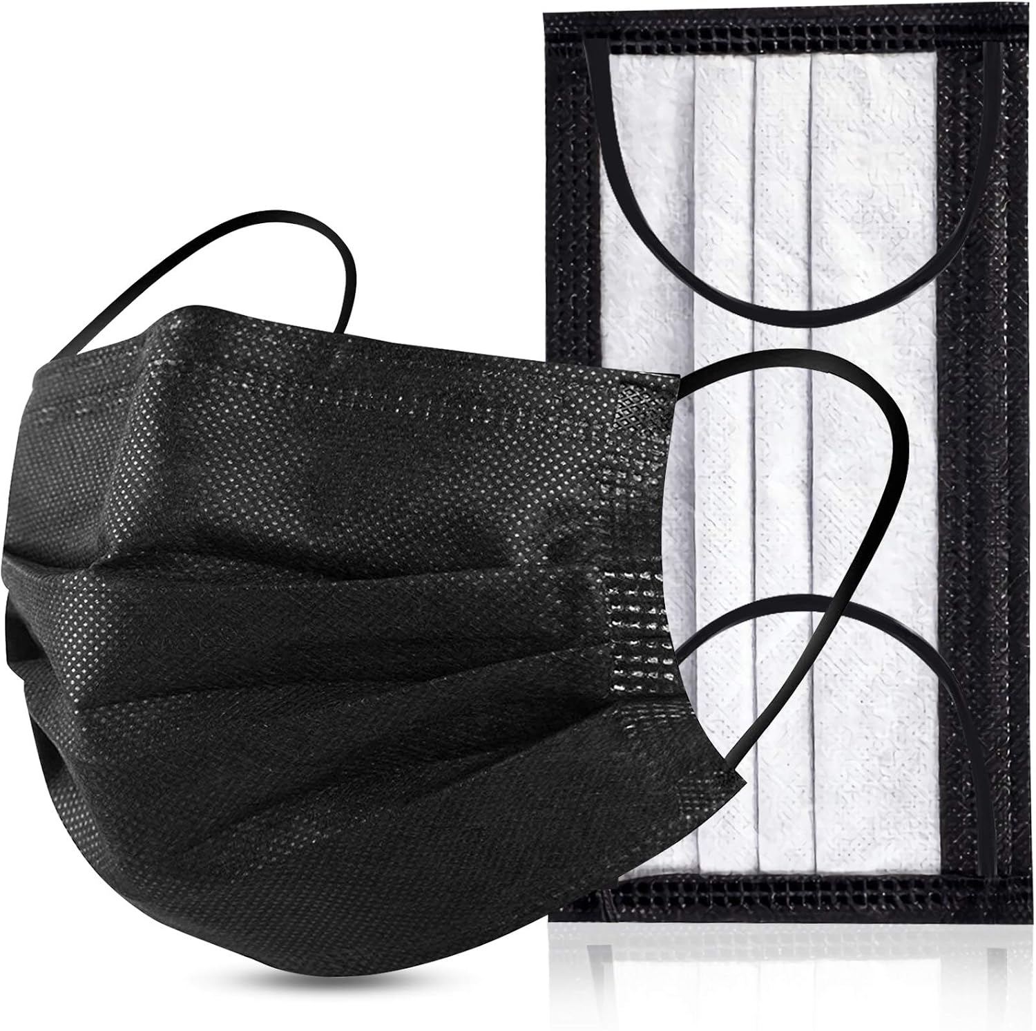 Black Disposable Face Masks 4 Layers Protection 50Pcs, Breathable Dust Mask Mouth Covers for Adult