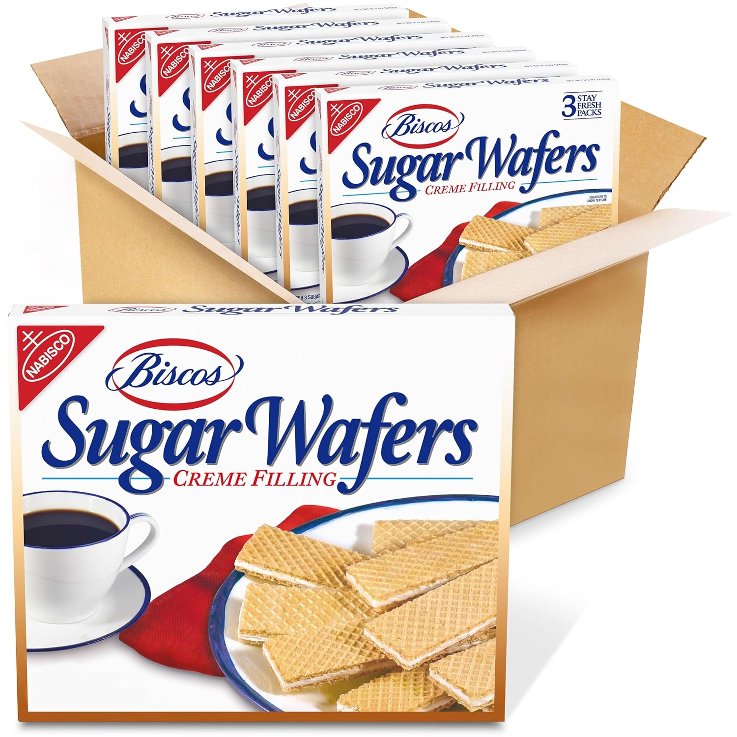 Biscos Creme Filled Sugar Wafers, 6 - 8.5 oz Boxes | 3 Stay Fresh Packs