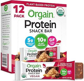 Orgain Organic Vegan Protein Bars, Peanut Butter Chocolate Chunk - 10g Plant Based Protein, Low Calorie Healthy Snacks, No Lactose or Soy Ingredients, Gluten Free, Non-GMO - 1.41 Oz (Pack of 12)