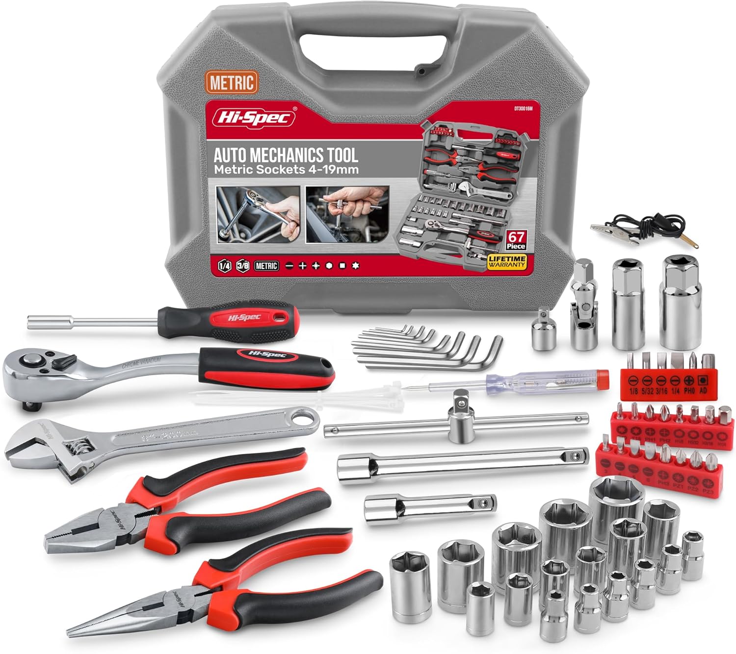 Hi-Spec 67pc Car Repair & Motor Mechanics Vehicle Tool Kit Set for Home Garage and Roadside DIY. Auto Tools in a Compact Toolbox Case of Pliers, Ratchet Wrench and Sockets