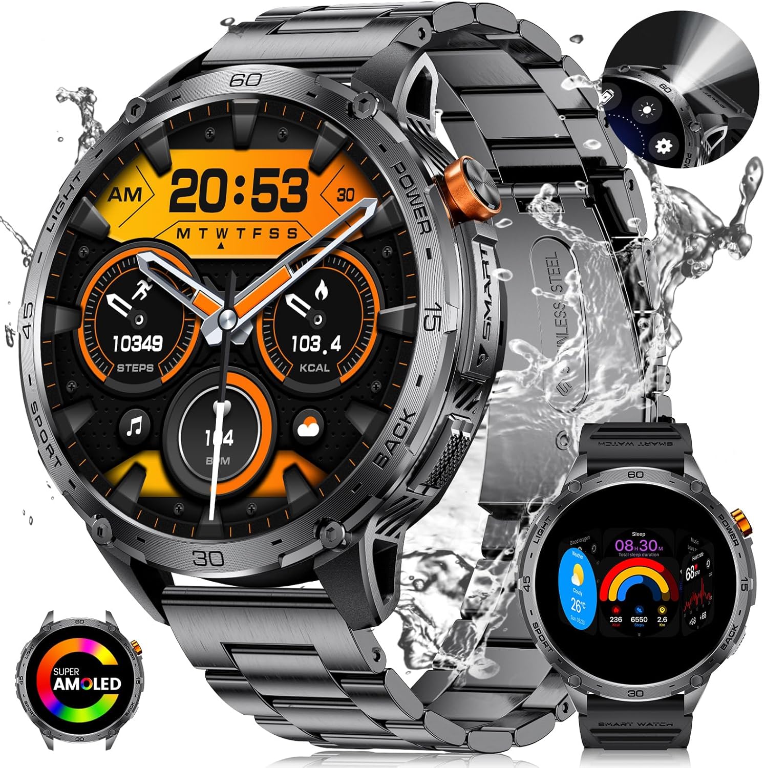 LIGE 1.75" Super Large AMOLED Round Smart Watches for Men with LED Flashlights, Outdoor Military Smartwatch for Android iOS, 100+ Sports, IP68 Waterproof, 200+ Watch Faces, 730mAh, Black Metal Strap