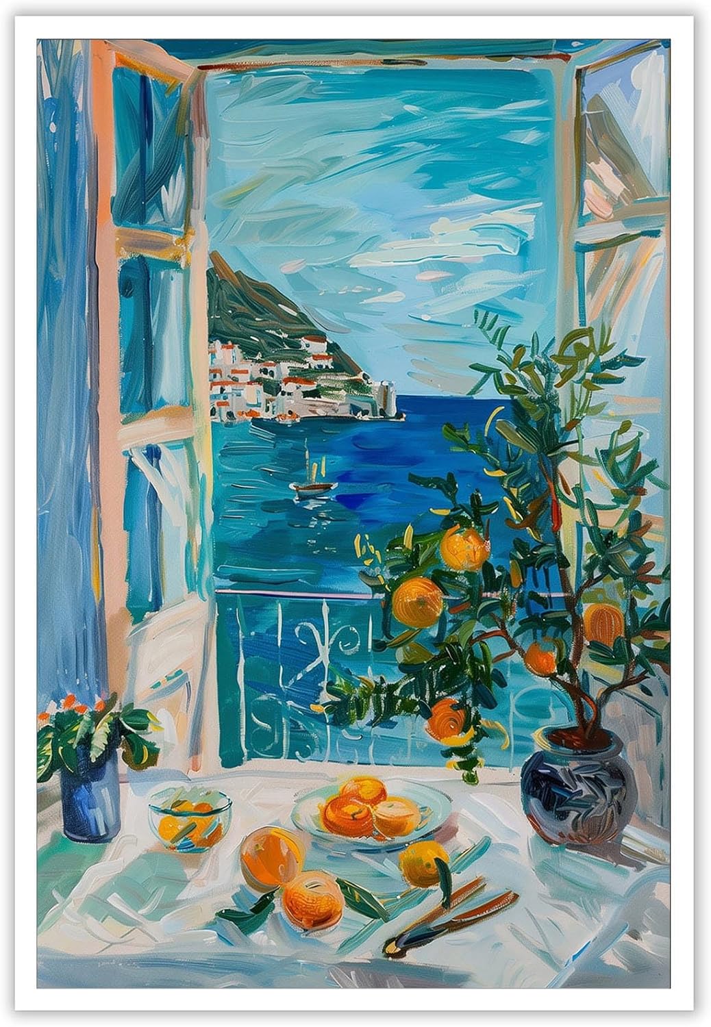 Omani Blue Coastal Landscape Posters Open Window Canvas Wall Art Impressionist Mediterranean Oranges & Seascape Still Life Oil Prints Painting For Home Bedroom Dorm Wall Decor 12x16in Unframed