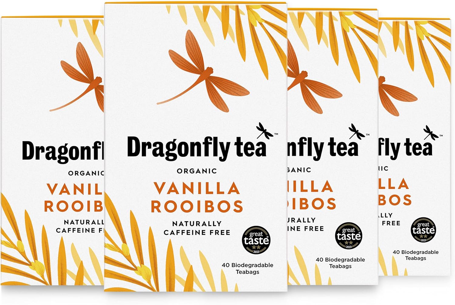 Dragonfly Organic Vanilla Rooibos Tea Bags, Pack of 4 x 40 (160 Teabags) Herbal Tea Bags, Caffeine-Free, Redbush Teabags, Biodegradable, Red Bush