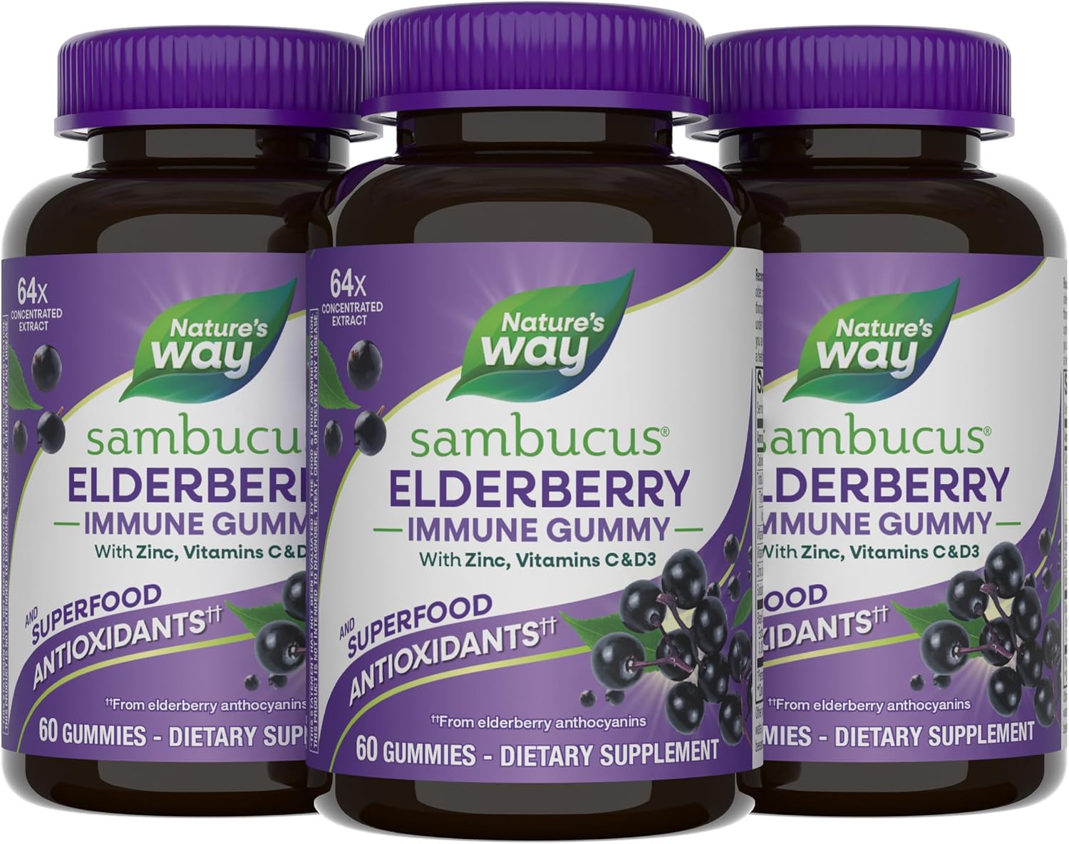 Nature's Way Sambucus Elderberry Gummies, Immune Support Ages 4+, 60 ct x3