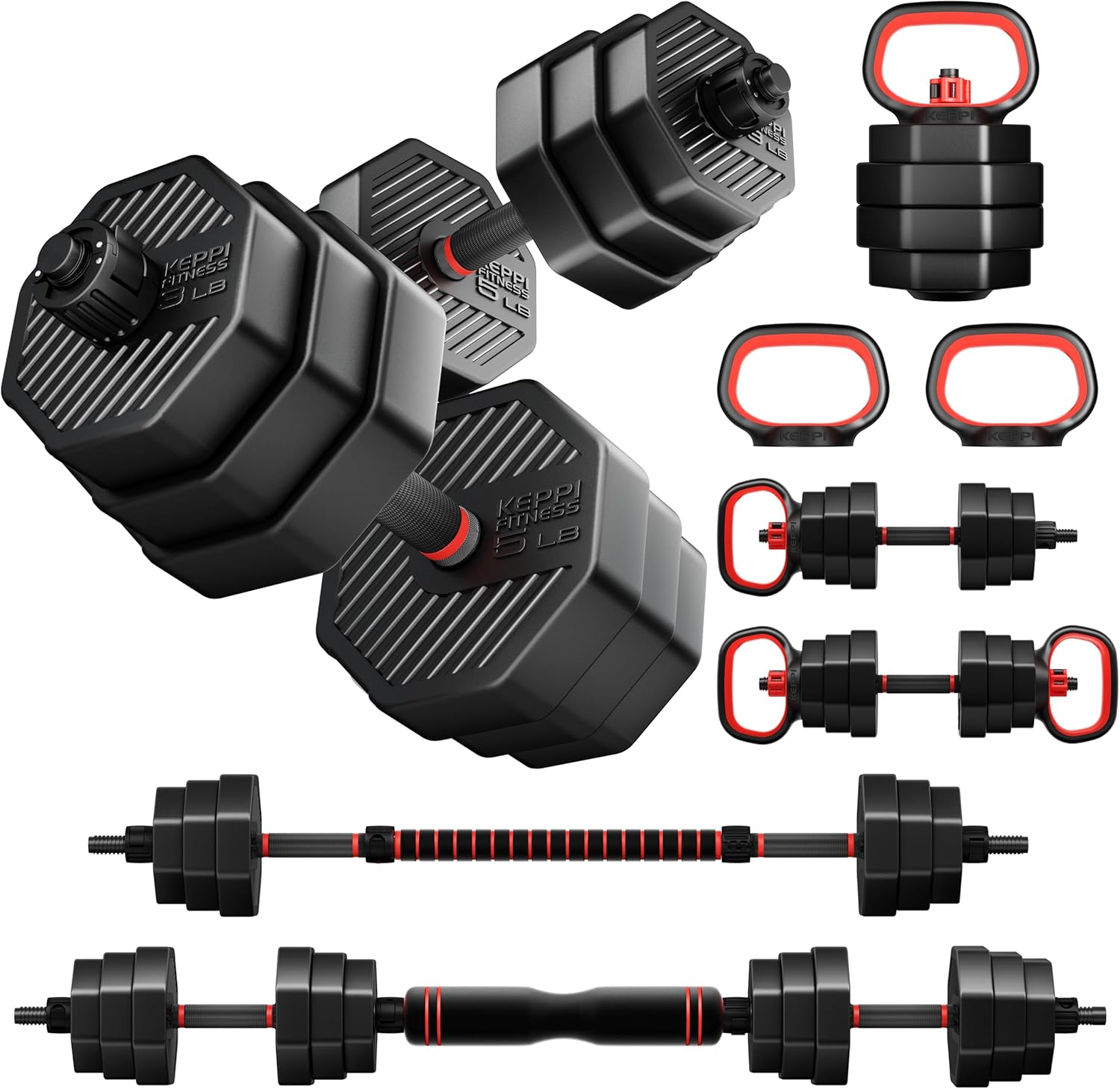 KeppiFitness Adjustable Dumbbell Set, 30/50/70/90 lb Free Weight Set with Connector Bar, 4 in 1 Workout Gear with Dumbbell, Kettlebell, Barbell, Push up Handle for Home Gym Fitness Exercise