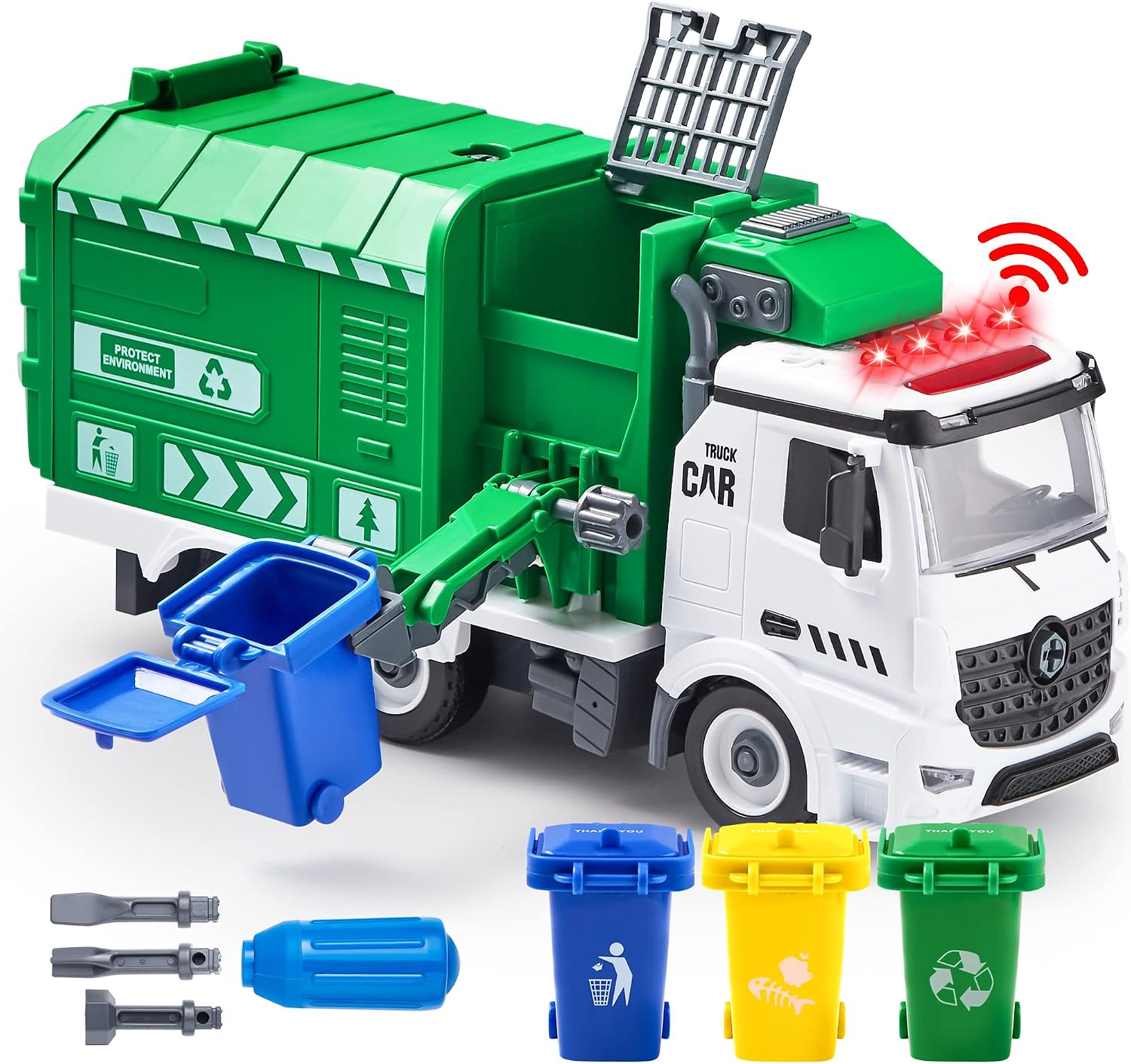 JOYIN Jumbo Take Apart Friction Powered Side-Dump Recycling Garbage Truck Toy with Light and Sounds, 3 Trash Cans, Garbage Truck Toys for 3 4 5 6 7 8+Years Old,Birthday Gifts for Boy