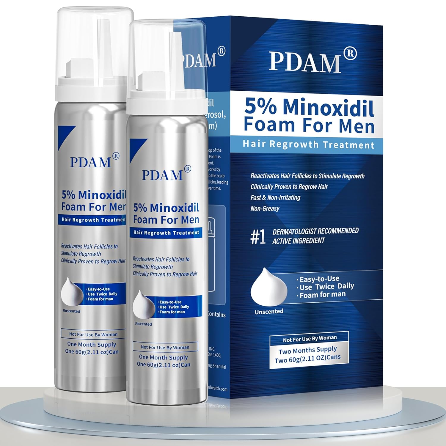 5% Minoxidil for Men Foam Hair Growth - Minoxidil Foam Hair Regrowth Treatment for Men, Topical Hair Loss Treatments, Extra Strength Thicker & Fuller Hair, 2 x 2.11 oz for 2 Months