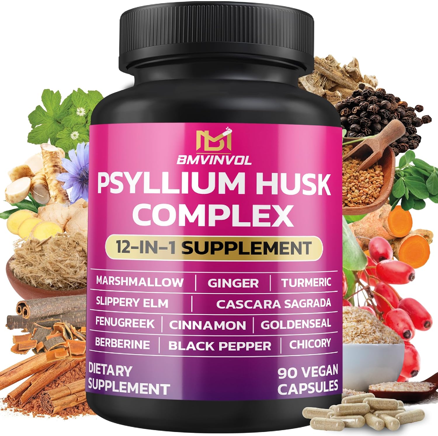BMVINVOL Psyllium Husk, Slippery Elm, Cascara Sagrada, Fenugreek, Berberine, Cinnamon, Turmeric + 5 Mores - 90 Capsules