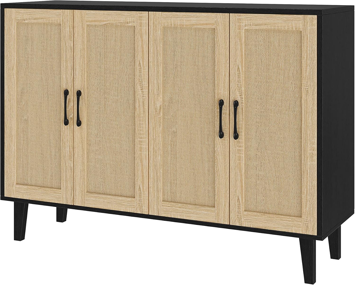 Panana Buffet Storage Cabinet with Rattan Decorating 4 Doors Living Room Kitchen Sideboard 48.43 x 34.65 x 15 inch (Black)