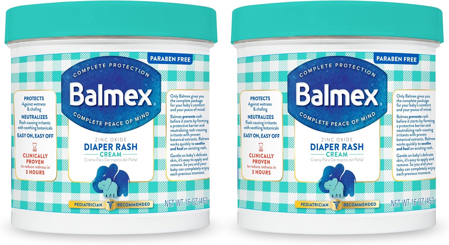 Balmex Complete Protection Baby Diaper Rash Cream with Zinc Oxide + Soothing Botanicals, 16 Oz, Pack of 2