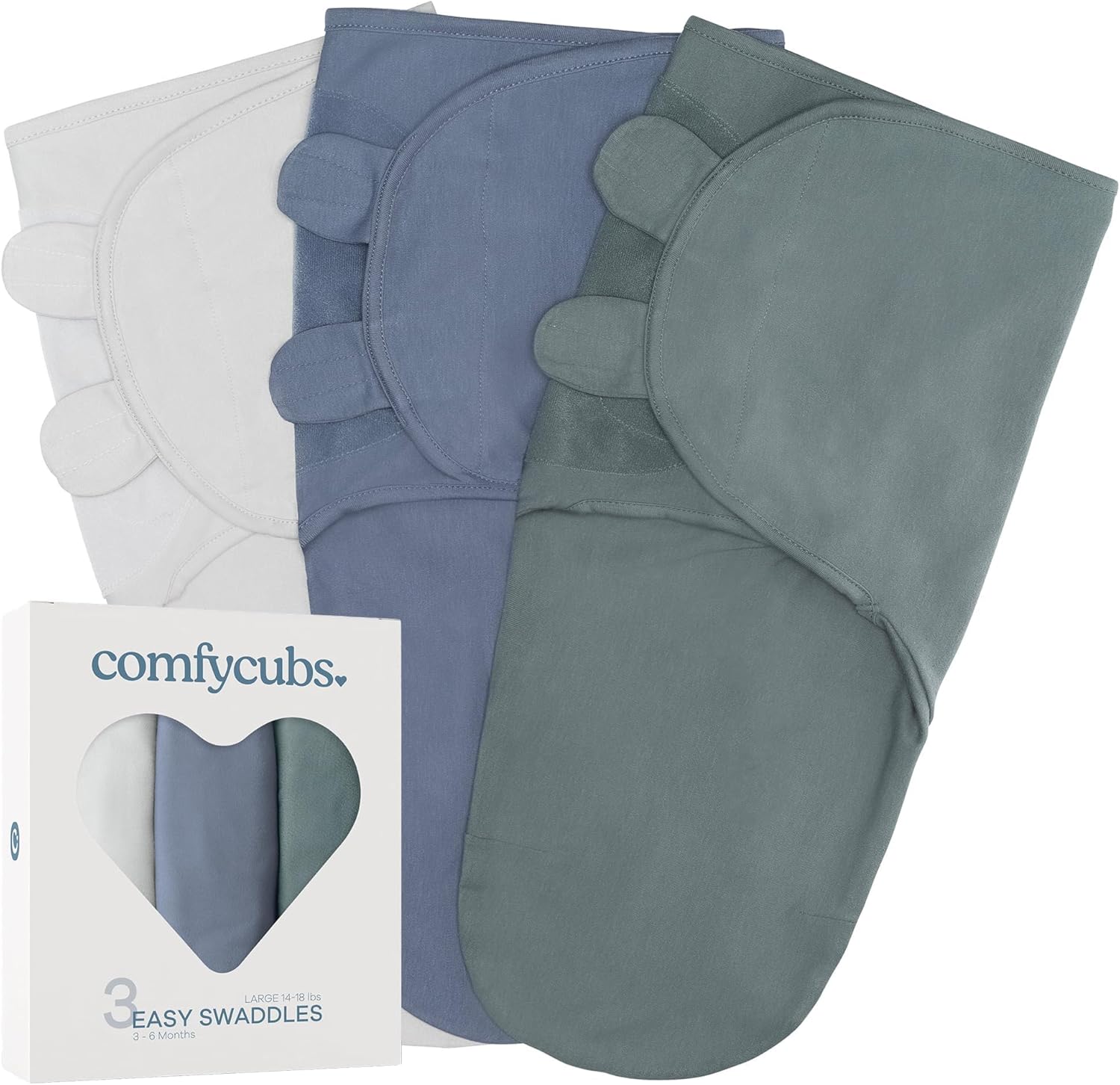 Comfy Cubs Easy Swaddle Blanket, 3 Pack - 100% Cotton Newborn Wrap, Large for 3-6 Months Infants, with Adjustable Velcro, Breathable and Durable Sleep Sack for Babies - Stone, Nomadic Blue & Azul