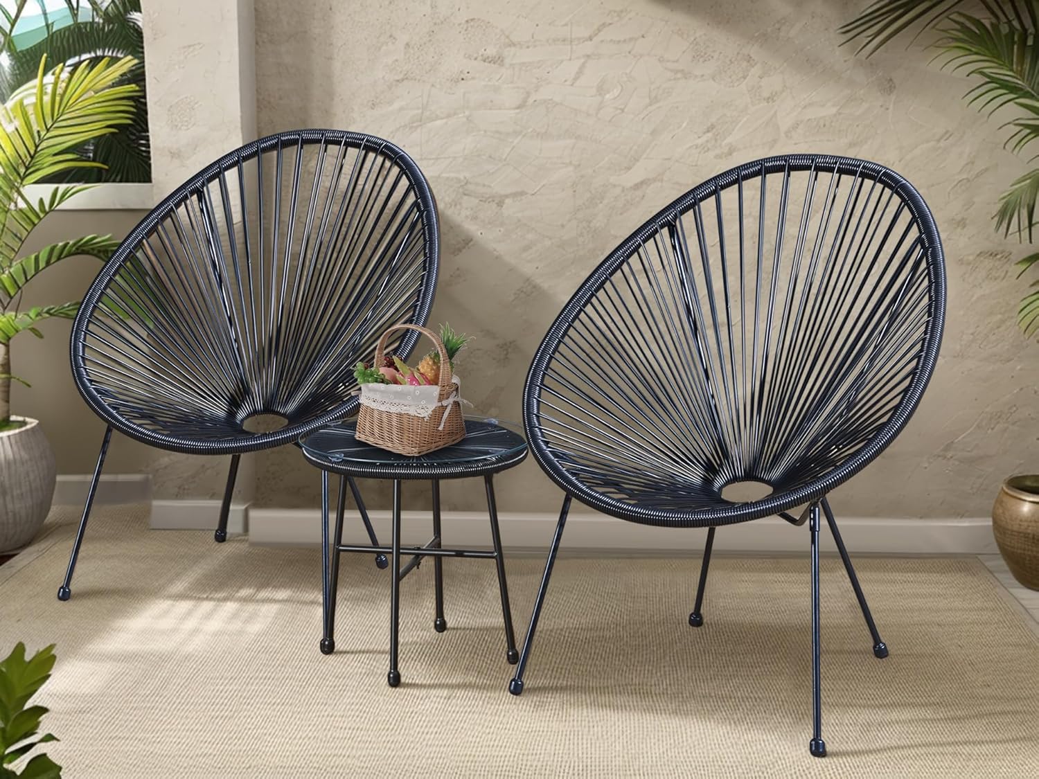 Bistro Table and Chairs Set 2 Bistro Sets For 2 For Garden Rattan Strig Outdoor Egg Patio 2-Seater 3 Pieces for Balcony Backyard Porch Lawn Conversation Set Glass Top Dining Table (Black)