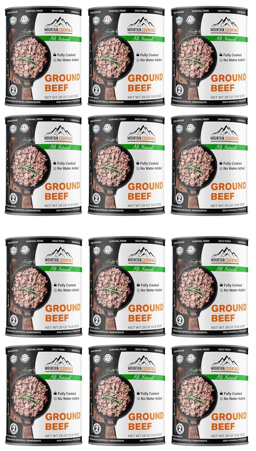 MOUNTAIN ESSENTIALS All Natural Canned Ground Beef 28 Oz Fully Cooked, Ready to Eat Hamburger Meat – Pantry Staple for Everyday Meals, Emergency & Survival – 5-Year Shelf Life – Made in USA – 12 Pack