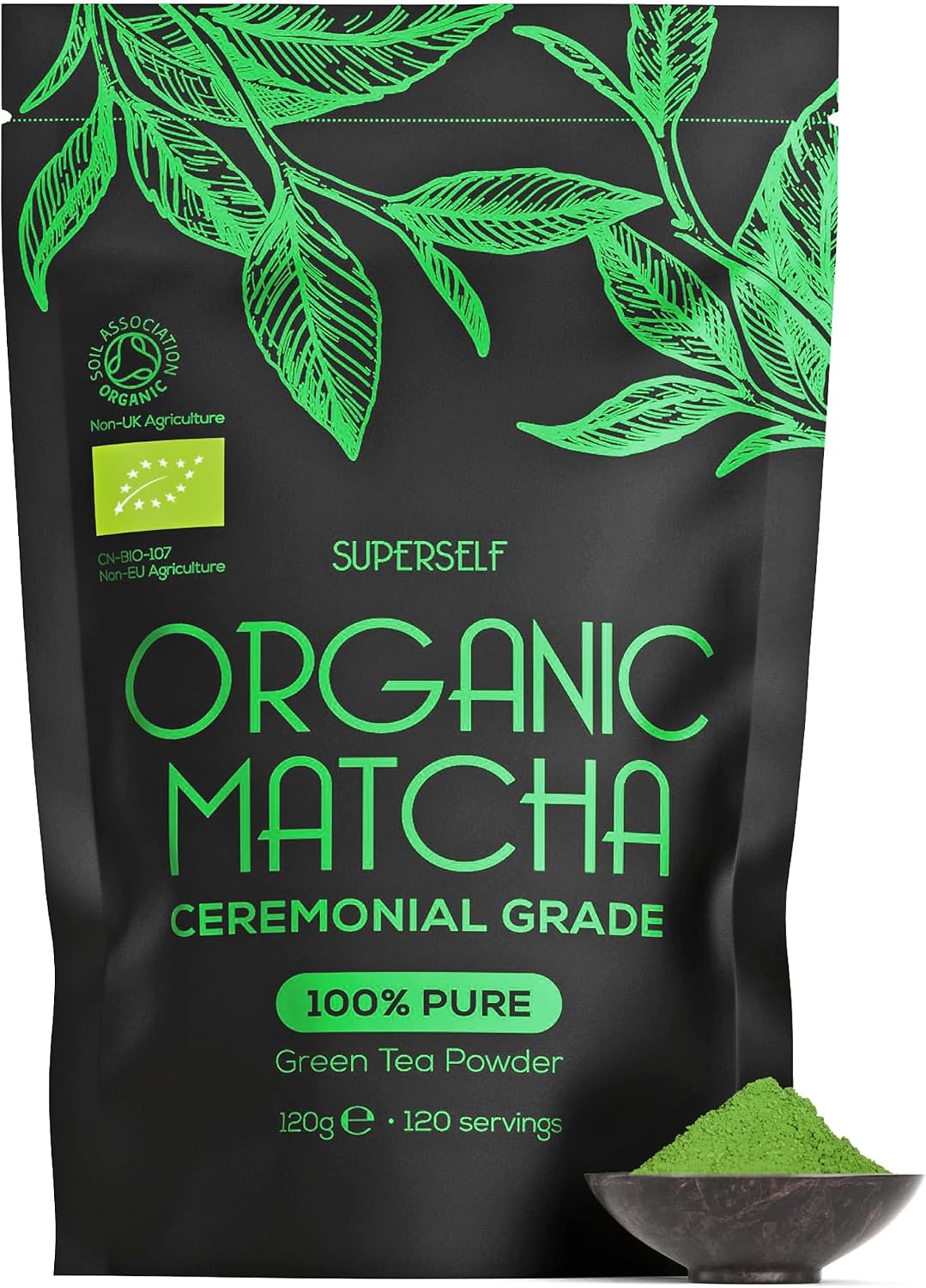 SuperSelf Organic Matcha Powder - Ceremonial Grade & 100% Pure - Smooth Taste & Vibrant Green - Macha for Straight Tea, Lattes, Baking - Certified Organic - Japanese Stone Ground Method - Large 120g