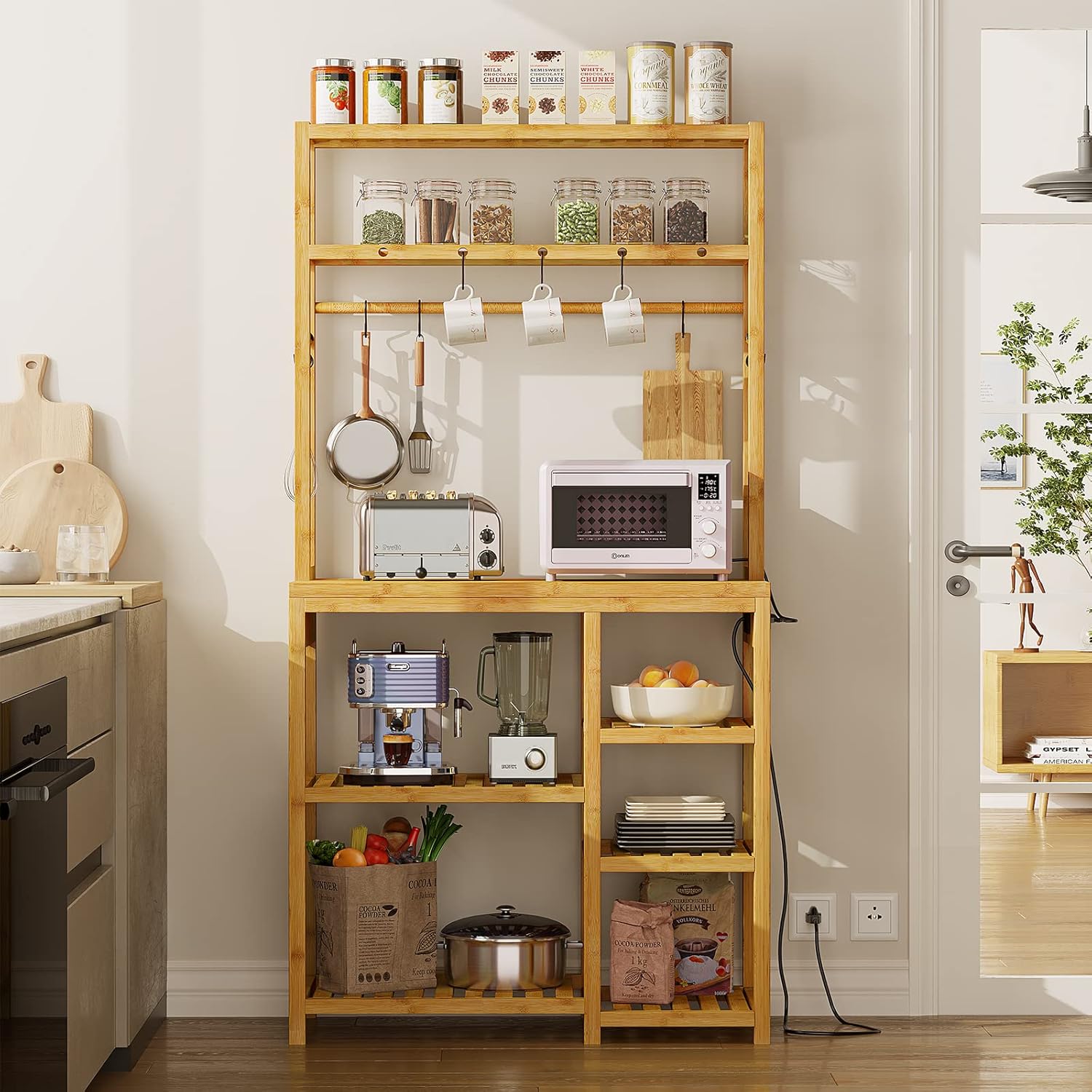 Bakers Rack with Power Outlets, 8-Tier Microwave Stand, Kitchen Utility Storage Shelf 10 S-Shaped Hooks, Coffee Bar Table Station, Standing Rack, 31.5 x 15.7 x 65 Inches, Bamboo
