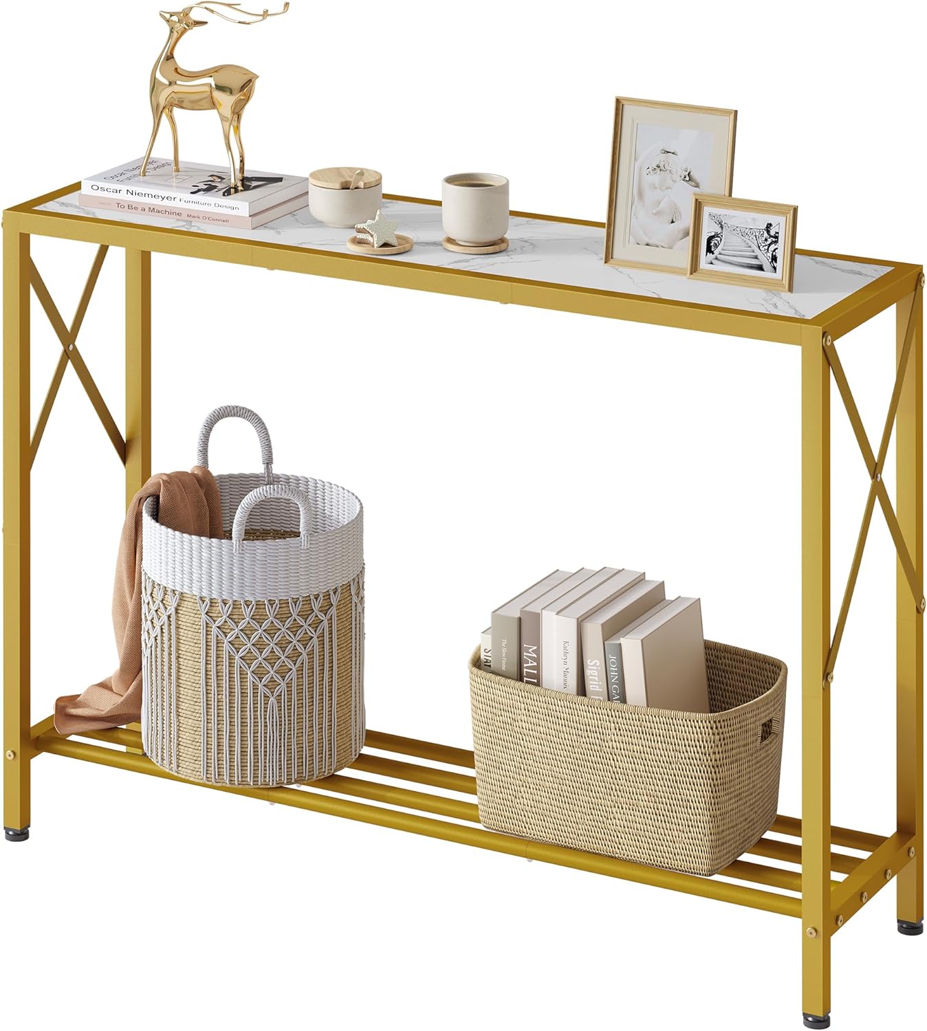 Tajsoon Entryway Table 41.8”, 2-Tier Entry Way Console Entrance Table, Narrow Sofa Table with Shelves, Ideal for Hallway, Entryway, Living Room, Foyer, Corridor, and Office (Gold & White)